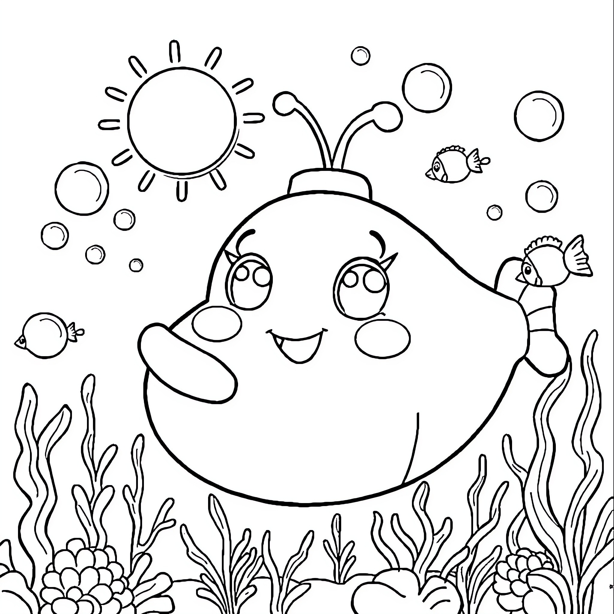 Submarine playing with colorful sea creatures Coloring Page (free black-and-white line drawing printable PDF for all, from beginners to advanced learners, including children, teens, adults, and seniors)