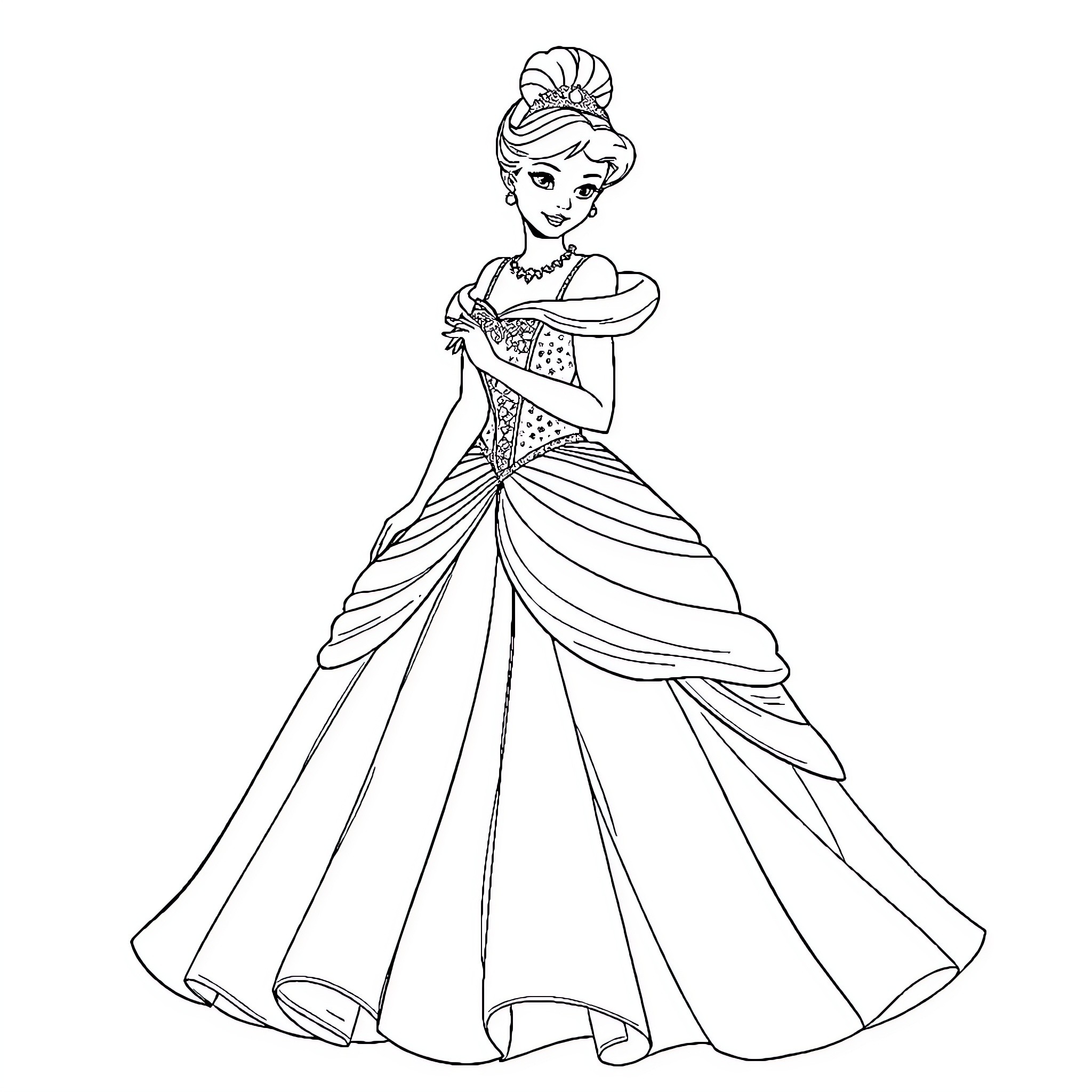 Cinderella in a grand ballgown and elegant hairstyle Coloring Page (free black-and-white line drawing printable PDF for all, from beginners to advanced learners, including children, teens, adults, and seniors)
