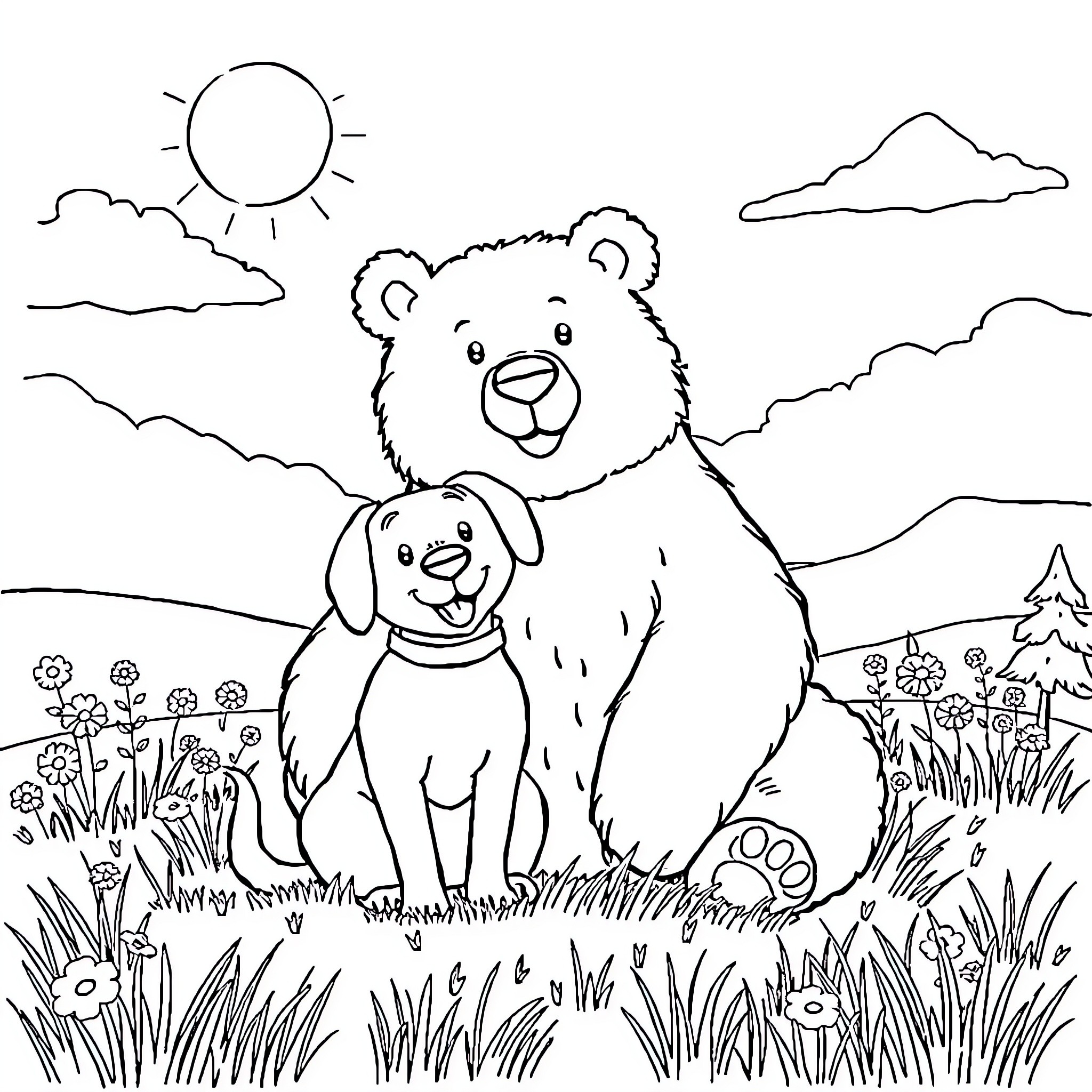 Dog and Puppy in Scenic Nature Coloring Page (free black-and-white line drawing printable PDF for all, from beginners to advanced learners, including children, teens, adults, and seniors)
