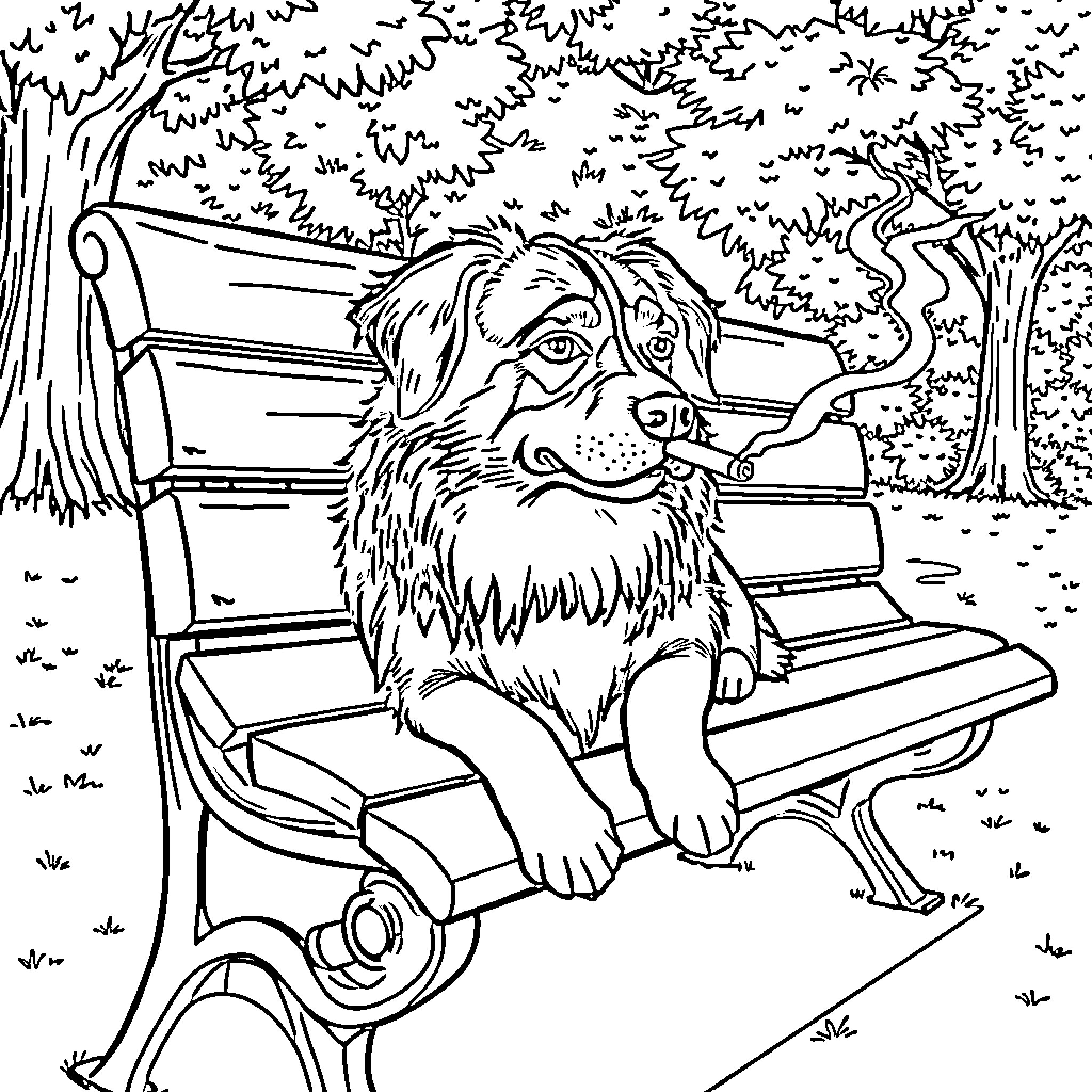 Dog relaxing on park bench Coloring Page (free black-and-white line drawing printable PDF for all, from beginners to advanced learners, including children, teens, adults, and seniors)