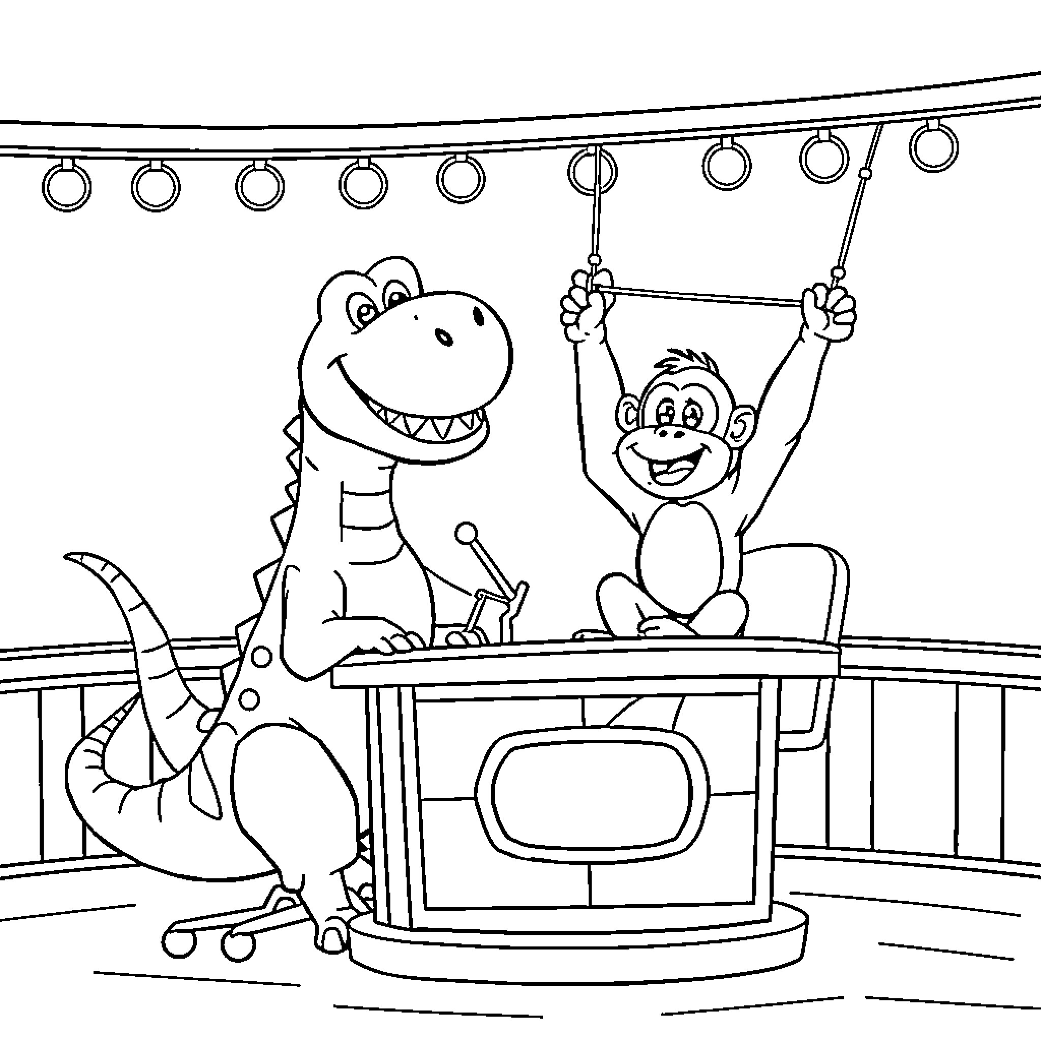 Dinosaur and monkey performing in a circus show Coloring Page (free black-and-white line drawing printable PDF for all, from beginners to advanced learners, including children, teens, adults, and seniors)