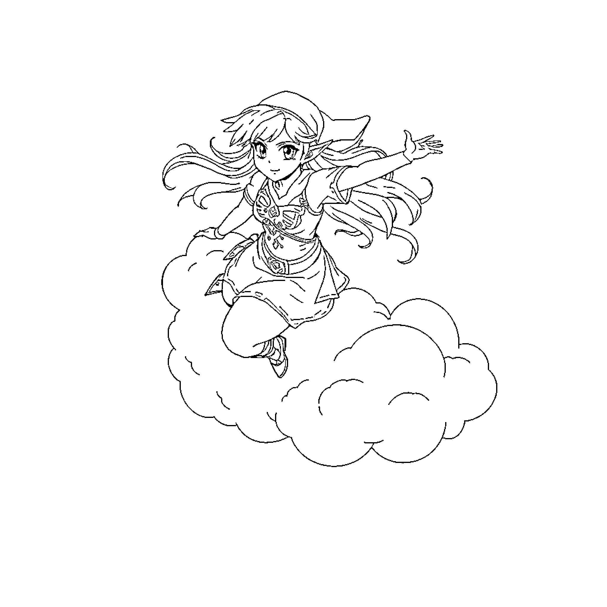 Zelda floating gracefully on a cloud Coloring Page (free black-and-white line drawing printable PDF for all, from beginners to advanced learners, including children, teens, adults, and seniors)