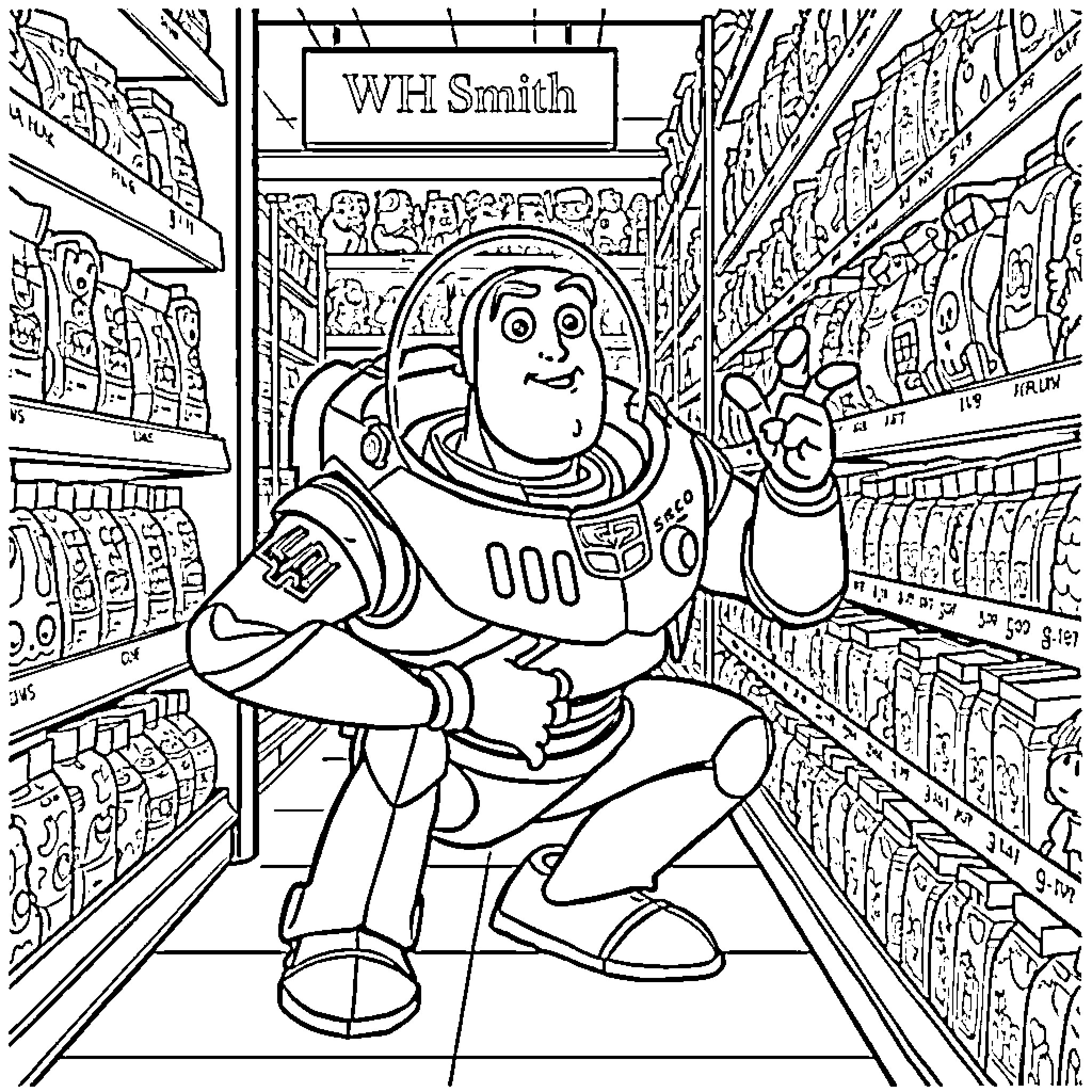 Buzz Lightyear explores a store filled with toys Coloring Page (free black-and-white line drawing printable PDF for all, from beginners to advanced learners, including children, teens, adults, and seniors)