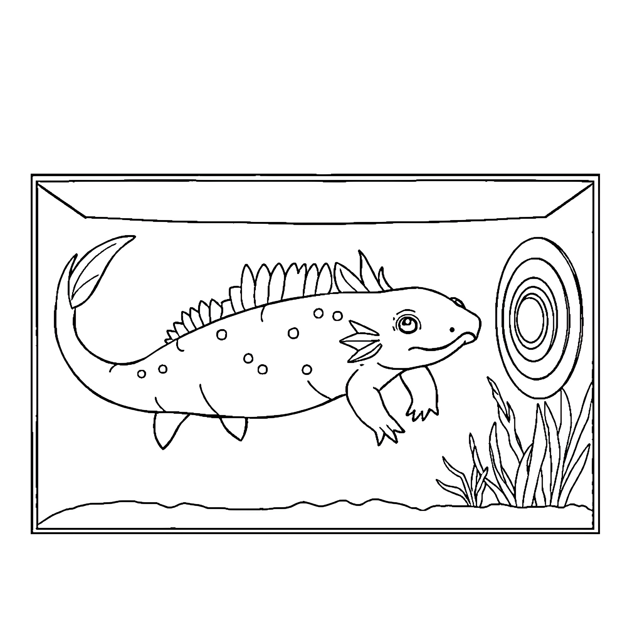 Axolotl exploring its aquarium habitat Coloring Page (free black-and-white line drawing printable PDF for all, from beginners to advanced learners, including children, teens, adults, and seniors)