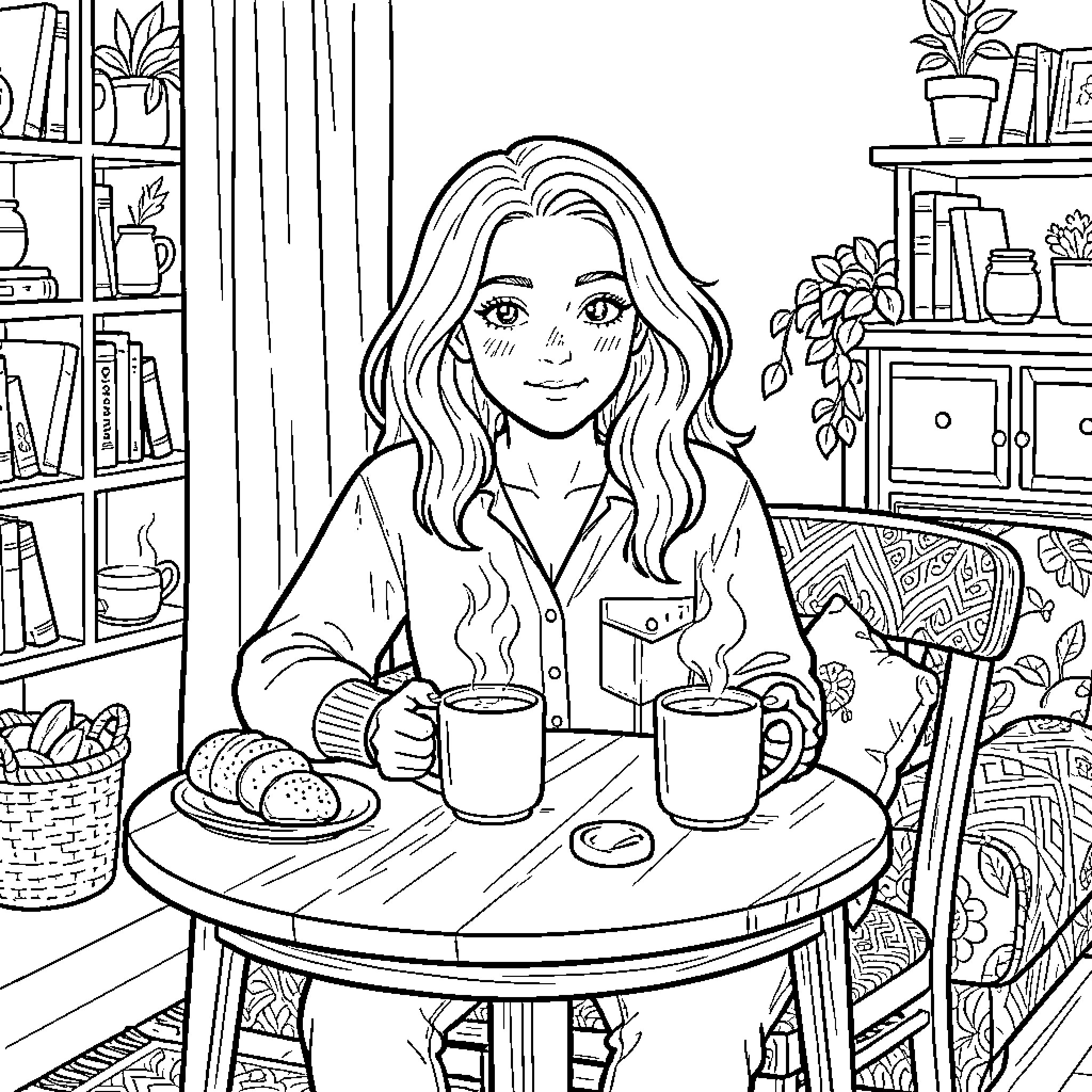 Rumi Noel sitting at a table with steaming mugs Coloring Page (free black-and-white line drawing printable PDF for all, from beginners to advanced learners, including children, teens, adults, and seniors)