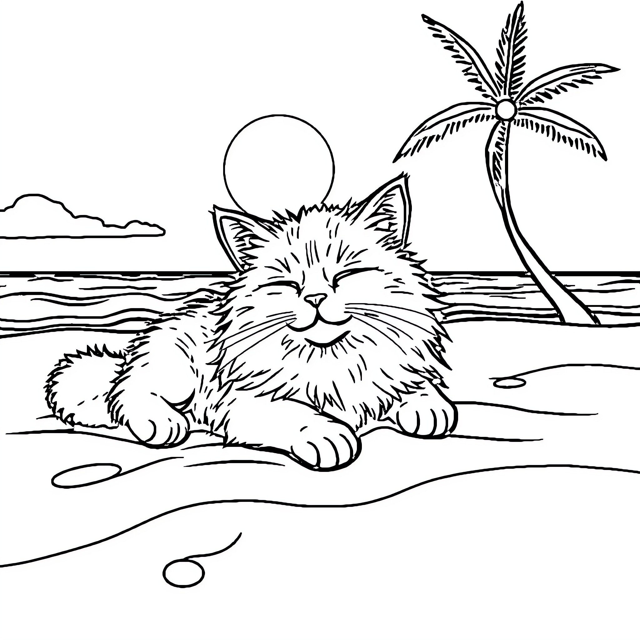 Cat resting peacefully on beach with palm tree Coloring Page (free black-and-white line drawing printable PDF for all, from beginners to advanced learners, including children, teens, adults, and seniors)