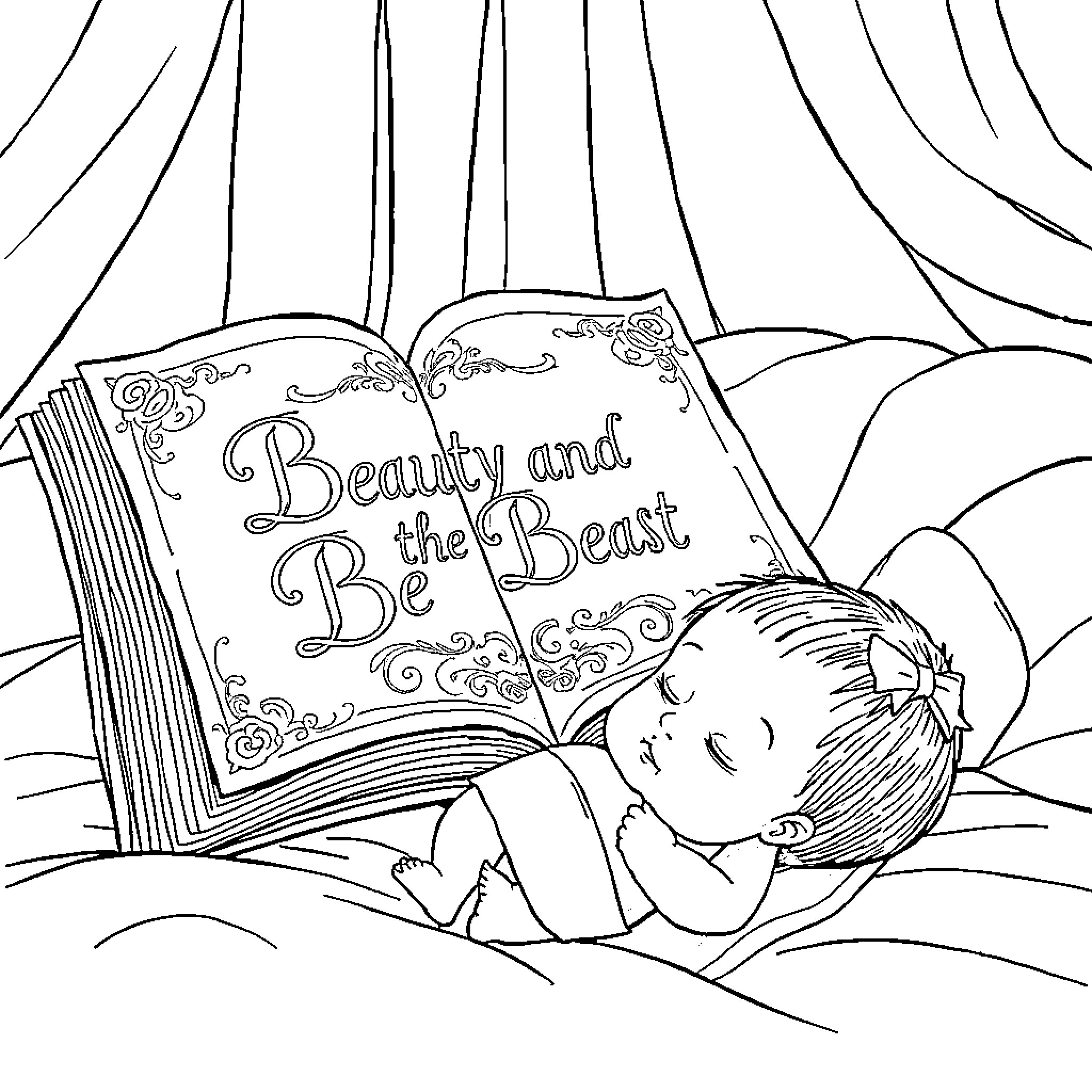 Book with a Sleeping Child Coloring Page (free black-and-white line drawing printable PDF for all, from beginners to advanced learners, including children, teens, adults, and seniors)
