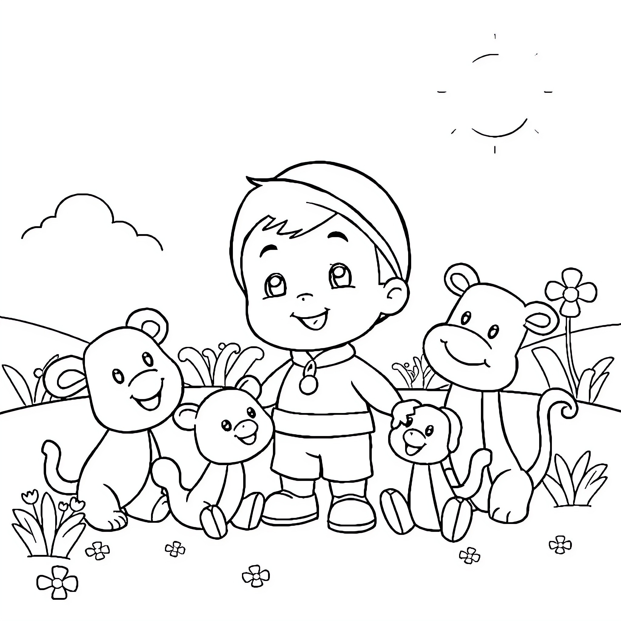 Pocoyo playing with his animal friends Coloring Page (free black-and-white line drawing printable PDF for all, from beginners to advanced learners, including children, teens, adults, and seniors)