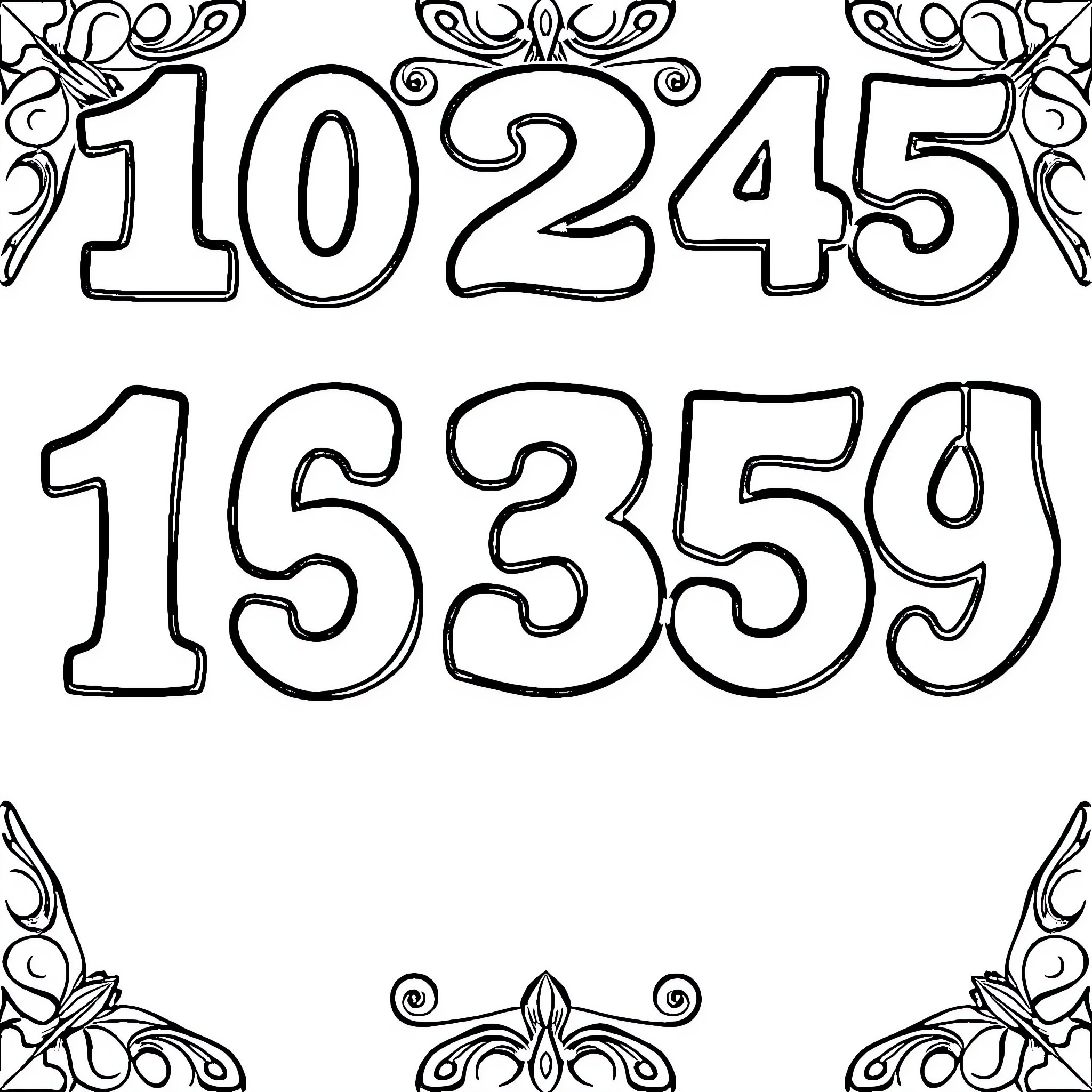 Number Ornate Numeric Designs with Floral Details Coloring Page (free black-and-white line drawing printable PDF for all, from beginners to advanced learners, including children, teens, adults, and seniors)