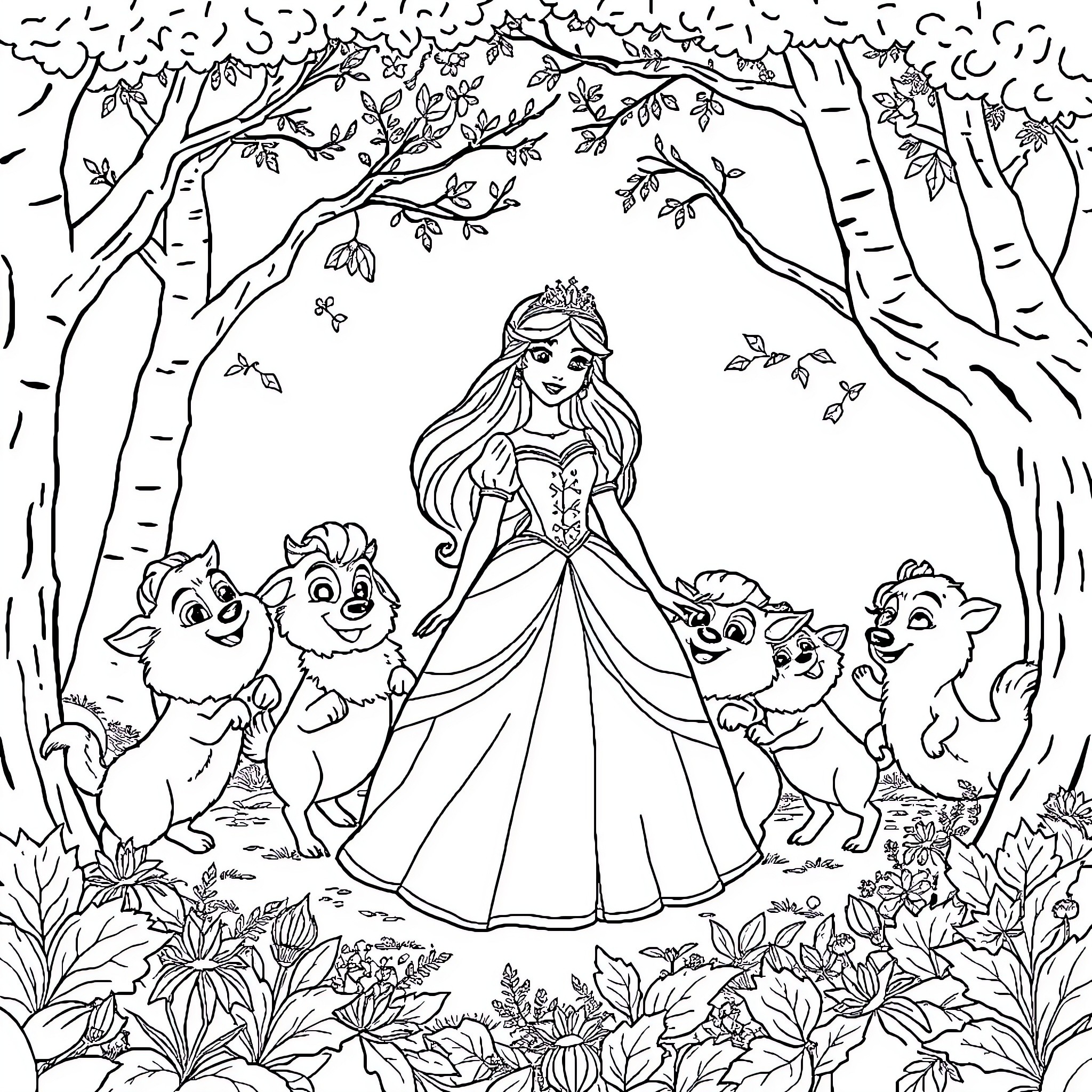 Snow White surrounded by adorable forest animals Coloring Page (free black-and-white line drawing printable PDF for all, from beginners to advanced learners, including children, teens, adults, and seniors)