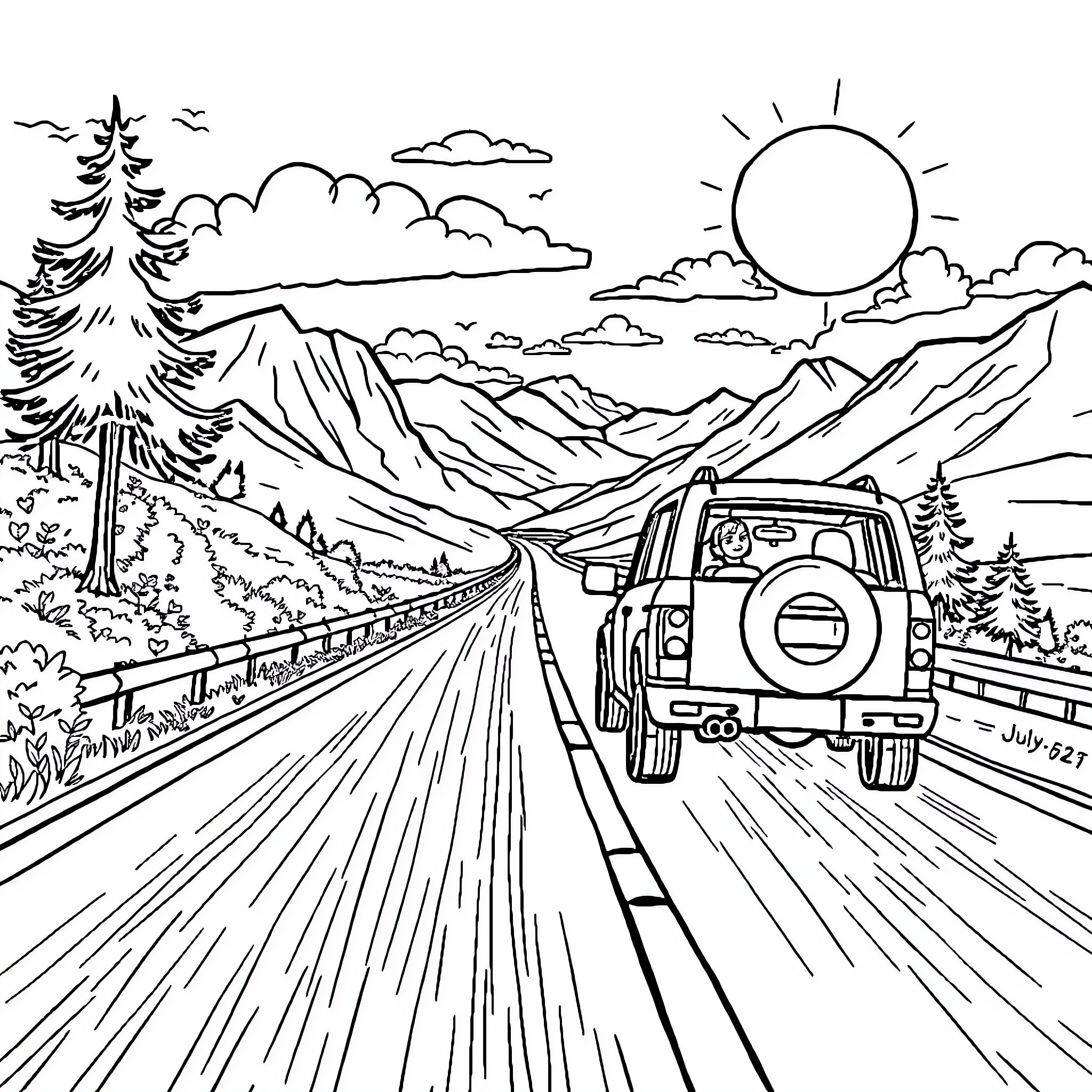 God's Winding Mountain Road Journey Coloring Page (free black-and-white line drawing printable PDF for all, from beginners to advanced learners, including children, teens, adults, and seniors)
