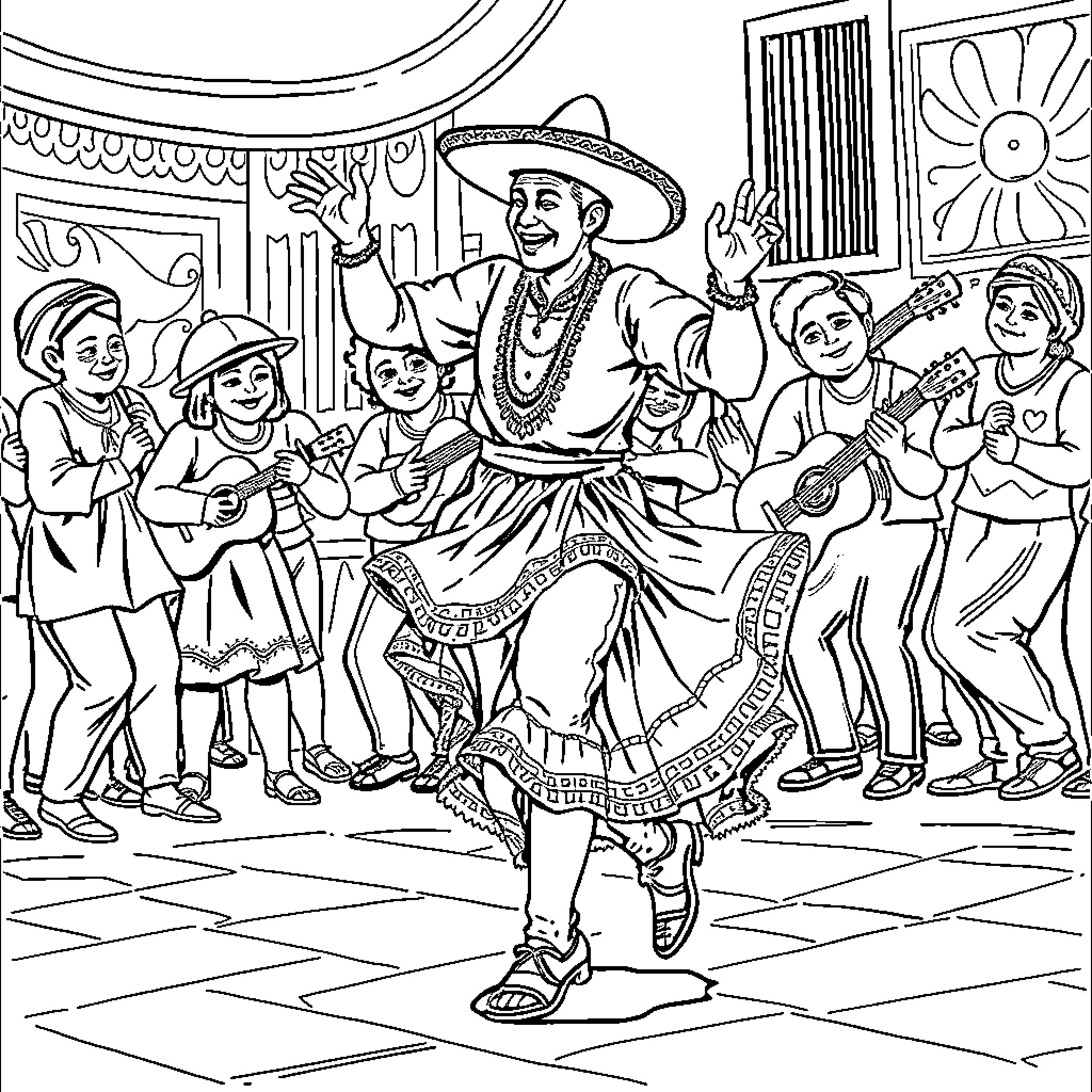 Viejito dancing with lively musicians and spectators Coloring Page (free black-and-white line drawing printable PDF for all, from beginners to advanced learners, including children, teens, adults, and seniors)