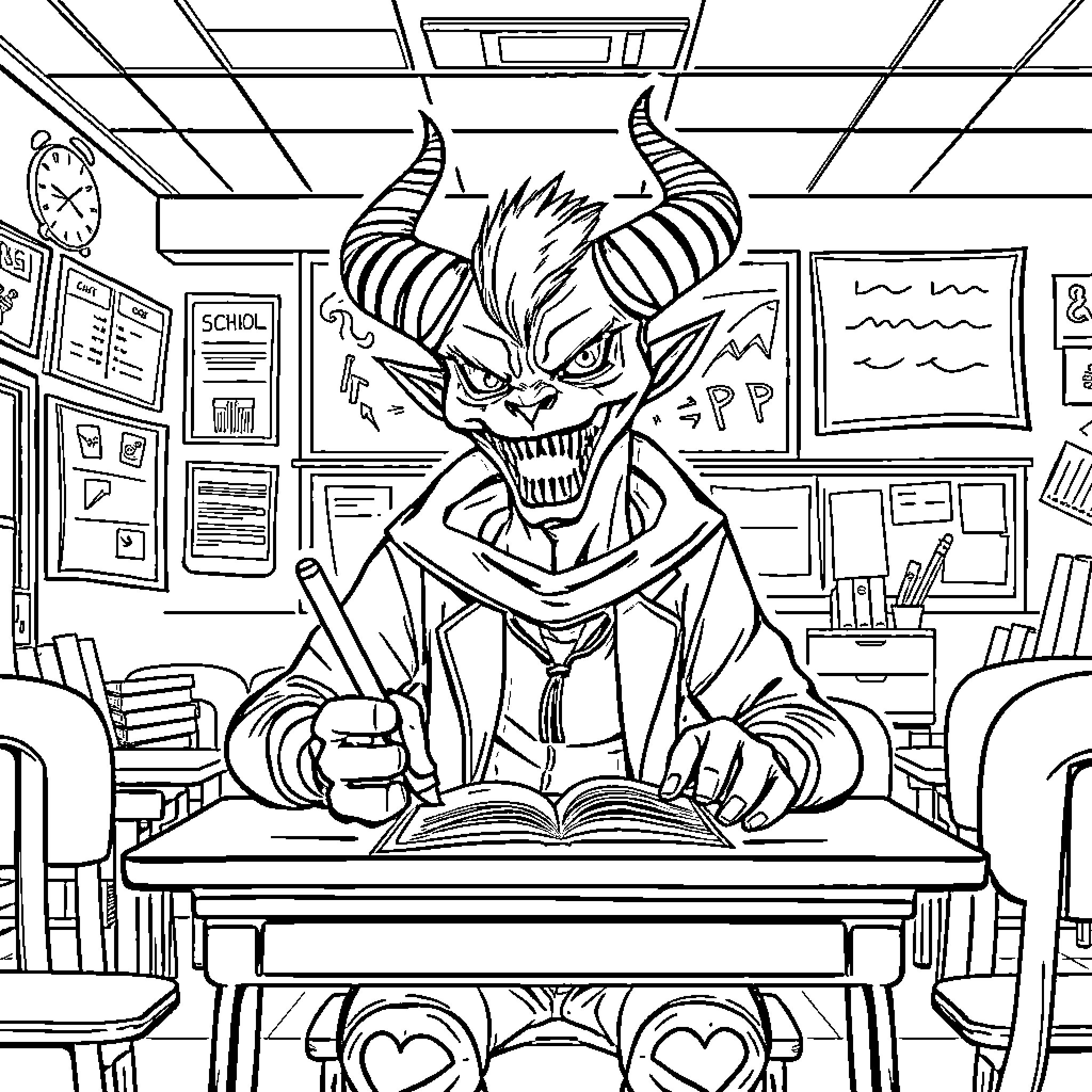 Demon teacher's menacing presence in the classroom Coloring Page (free black-and-white line drawing printable PDF for all, from beginners to advanced learners, including children, teens, adults, and seniors)