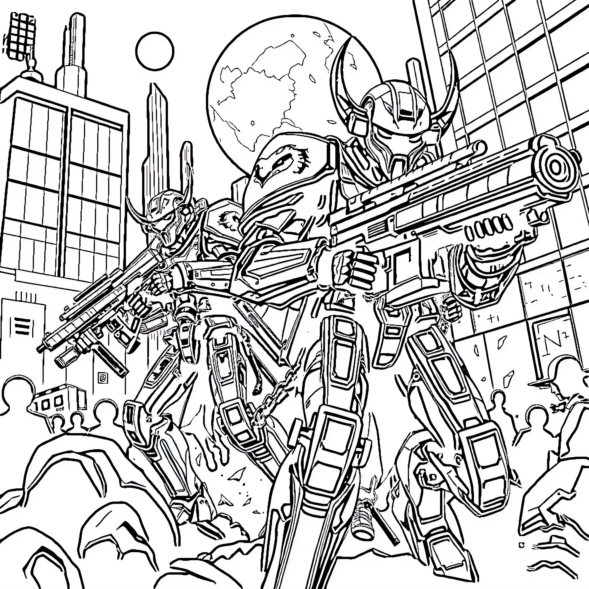Robot Warrior Battles in Futuristic City Coloring Page (free black-and-white line drawing printable PDF for all, from beginners to advanced learners, including children, teens, adults, and seniors)