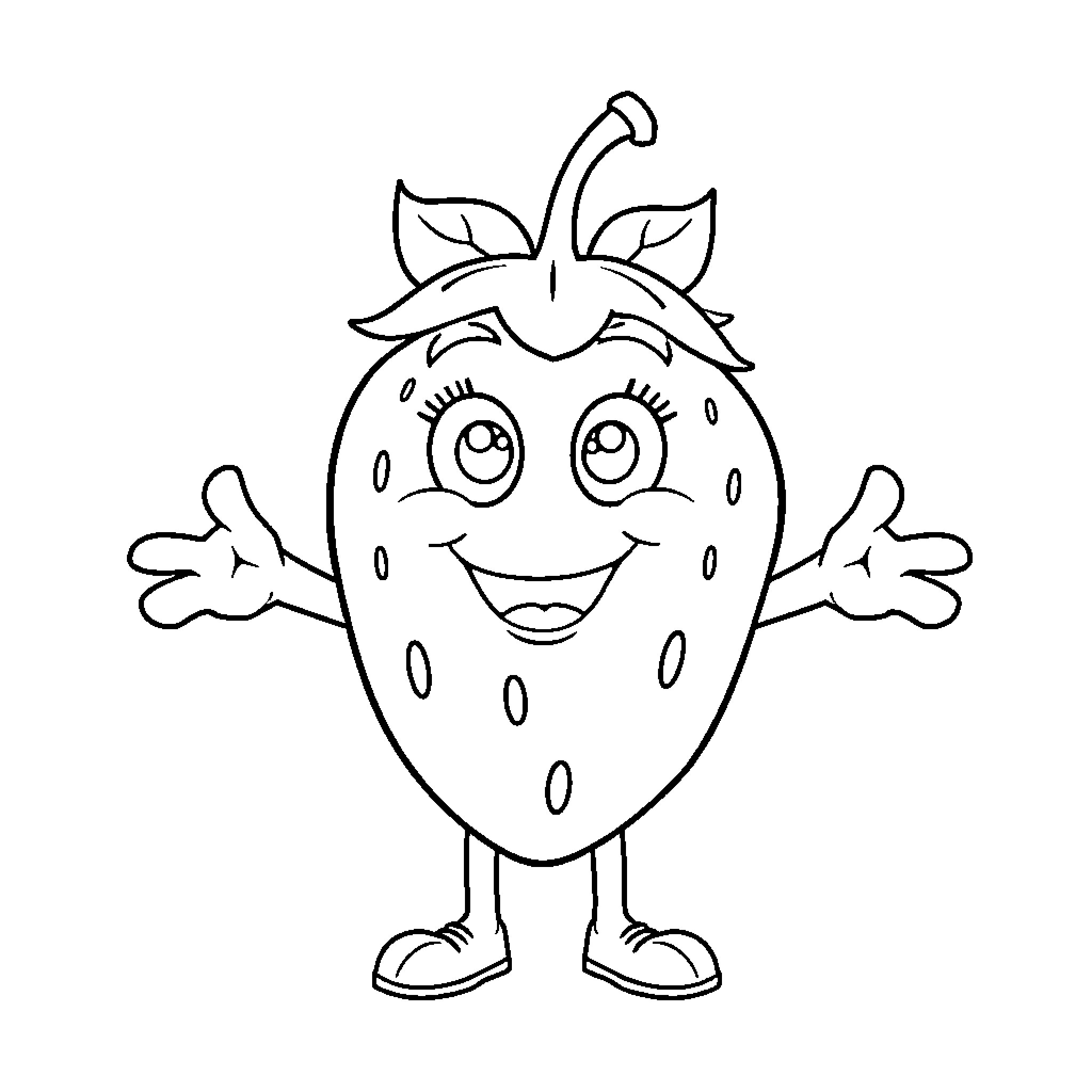Strawberry character with happy expression Coloring Page (free black-and-white line drawing printable PDF for all, from beginners to advanced learners, including children, teens, adults, and seniors)