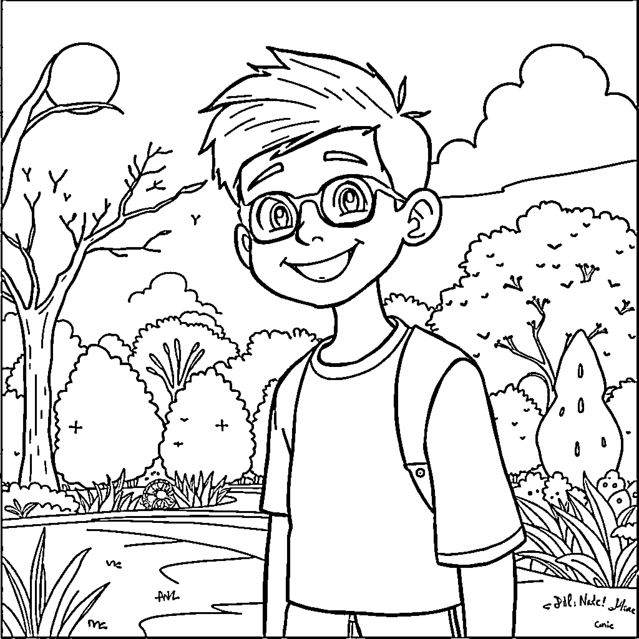 Colten's Adventurous Day in the Outdoors Coloring Page (free black-and-white line drawing printable PDF for all, from beginners to advanced learners, including children, teens, adults, and seniors)