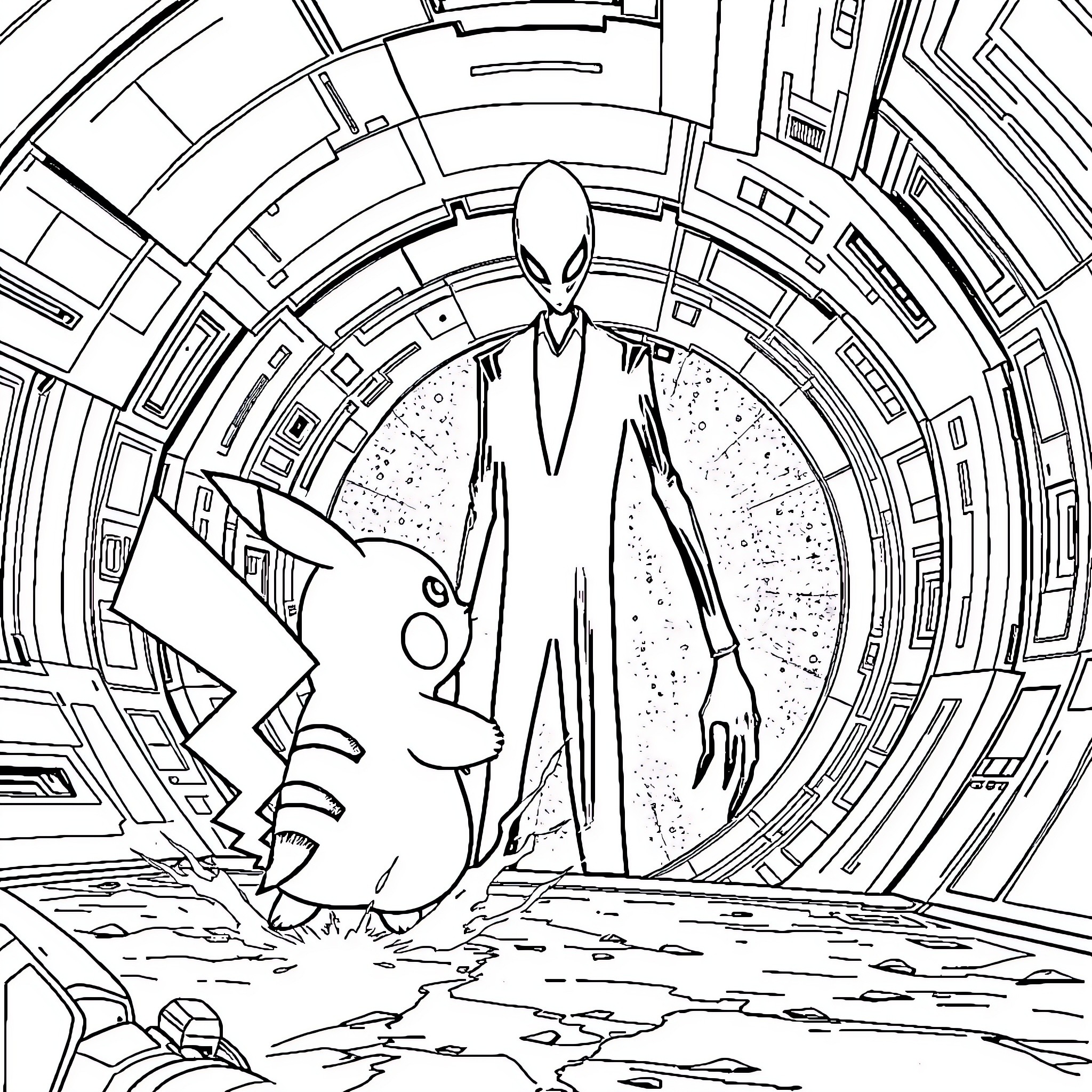 Pikachu encountering an alien in a futuristic setting Coloring Page (free black-and-white line drawing printable PDF for all, from beginners to advanced learners, including children, teens, adults, and seniors)