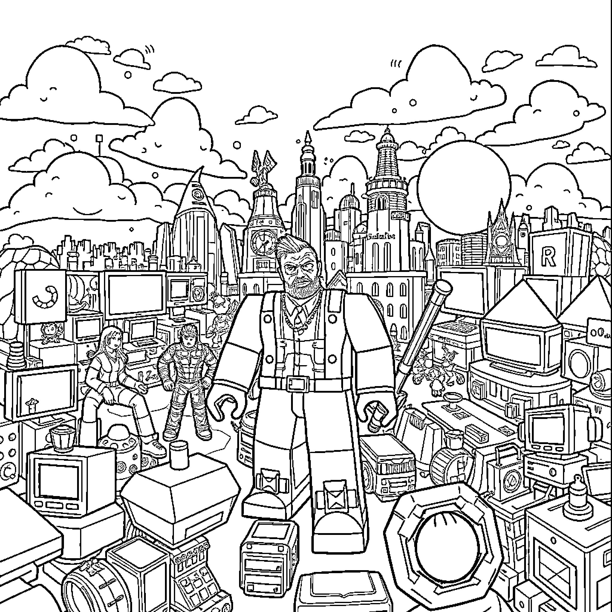 Roblox Characters in a Bustling Metropolis Coloring Page (free black-and-white line drawing printable PDF for all, from beginners to advanced learners, including children, teens, adults, and seniors)