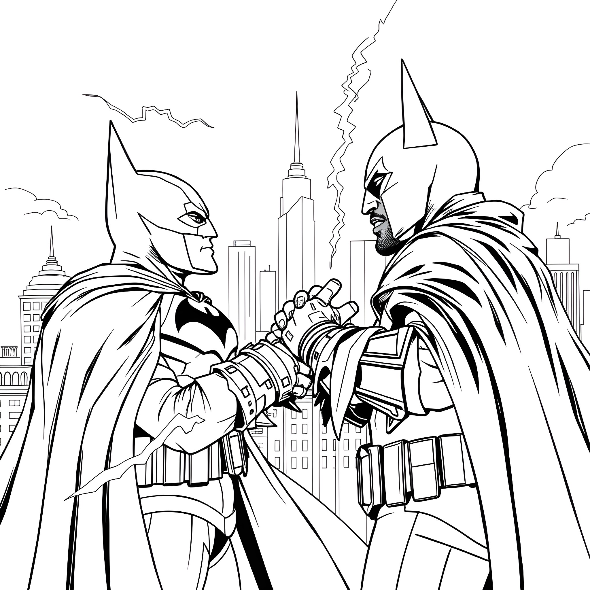 Batman in an intense standoff with another costumed hero Coloring Page (free black-and-white line drawing printable PDF for all, from beginners to advanced learners, including children, teens, adults, and seniors)