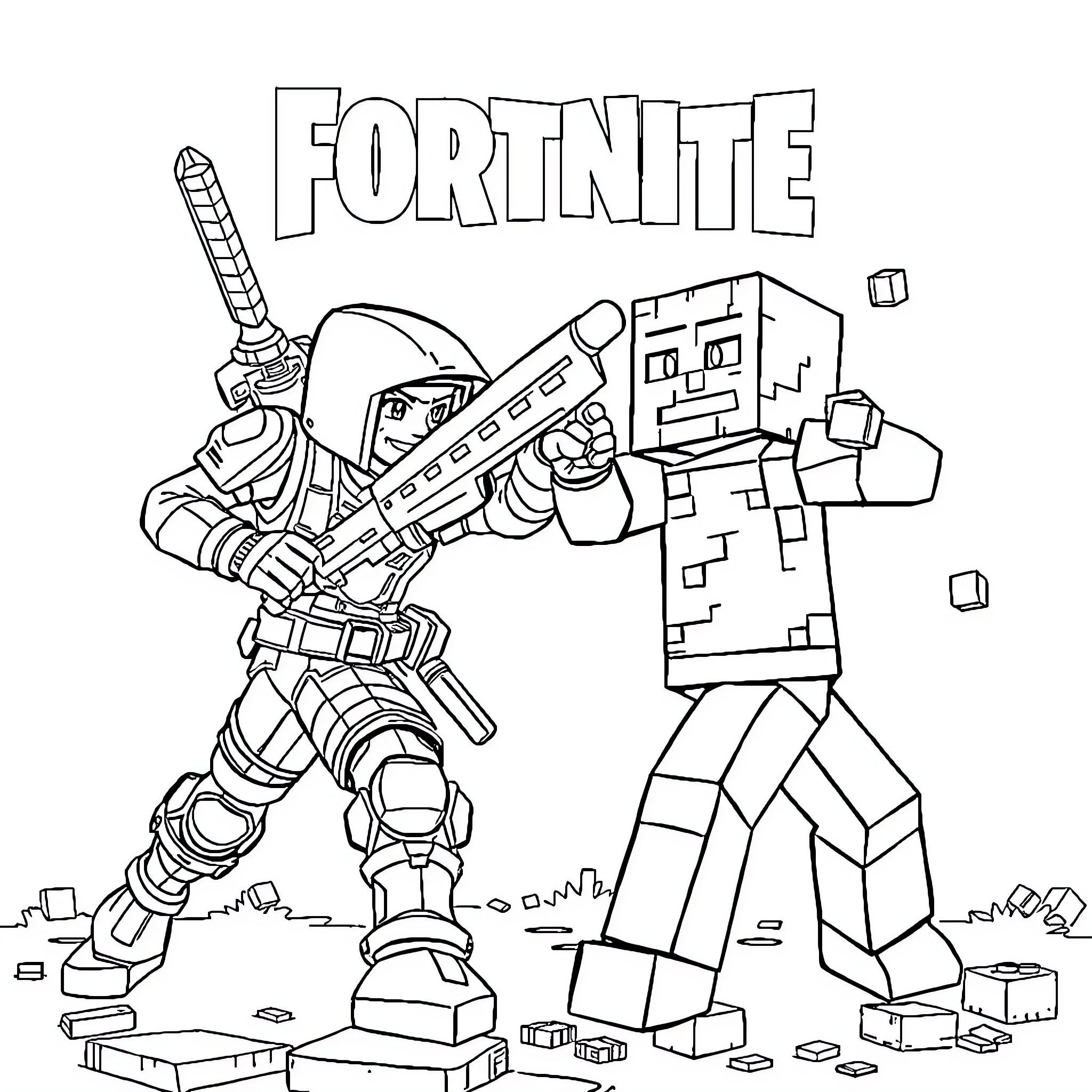 Fortnite characters in battle with weapons and structures Coloring Page (free black-and-white line drawing printable PDF for all, from beginners to advanced learners, including children, teens, adults, and seniors)