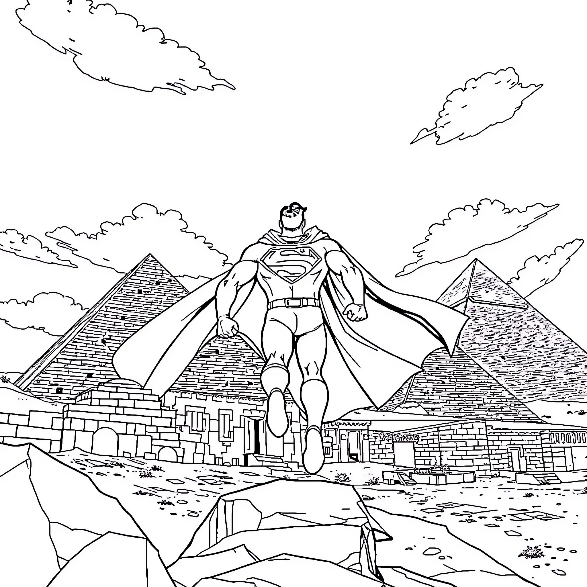 Superman standing heroically amid pyramids Coloring Page (free black-and-white line drawing printable PDF for all, from beginners to advanced learners, including children, teens, adults, and seniors)