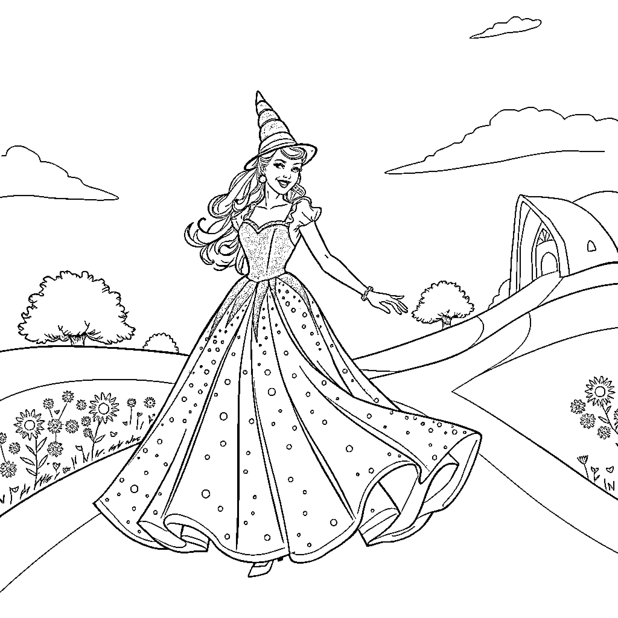 Glinda the Good Witch in a Whimsical Landscape Coloring Page (free black-and-white line drawing printable PDF for all, from beginners to advanced learners, including children, teens, adults, and seniors)