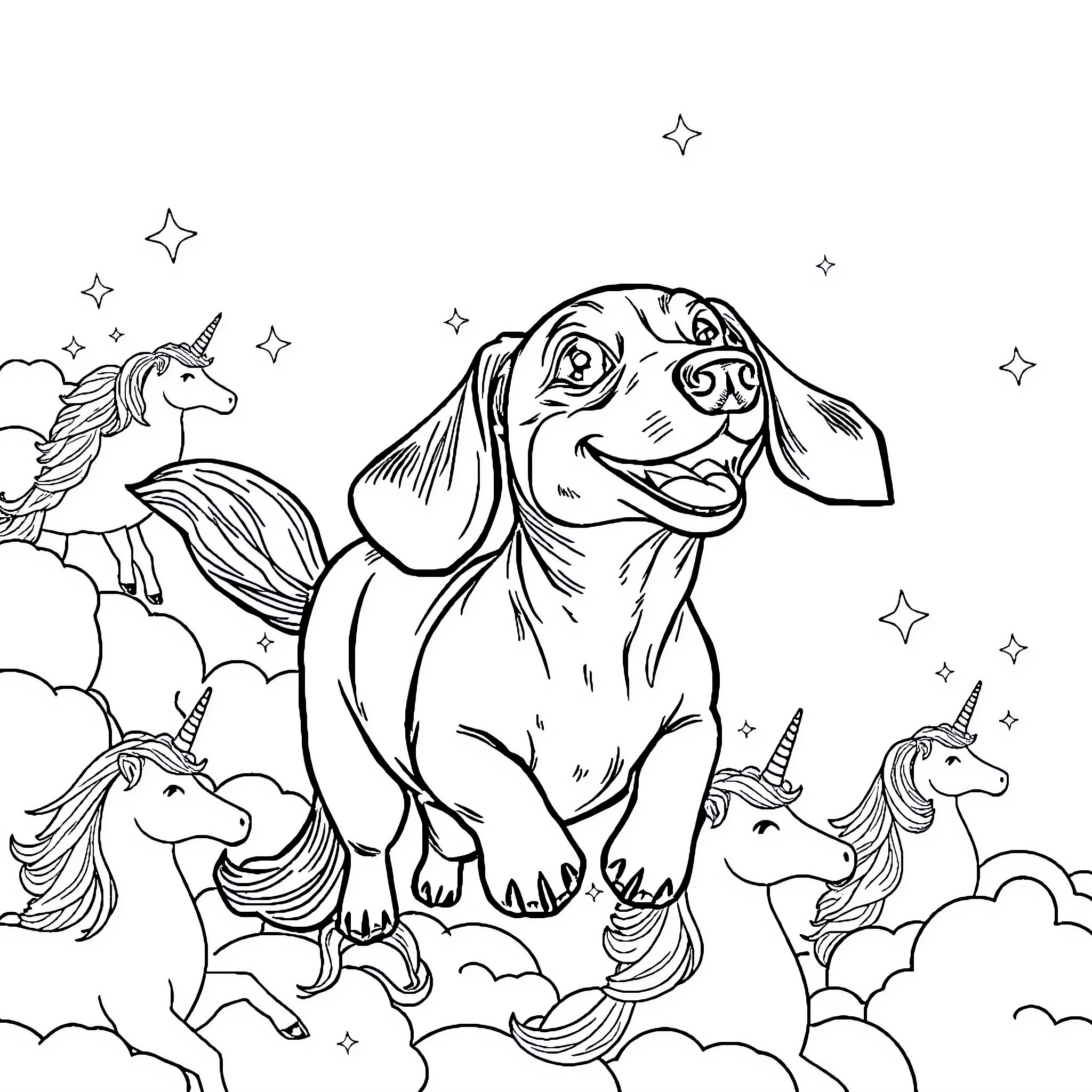 Dachshund exploring magical unicorn world Coloring Page (free black-and-white line drawing printable PDF for all, from beginners to advanced learners, including children, teens, adults, and seniors)