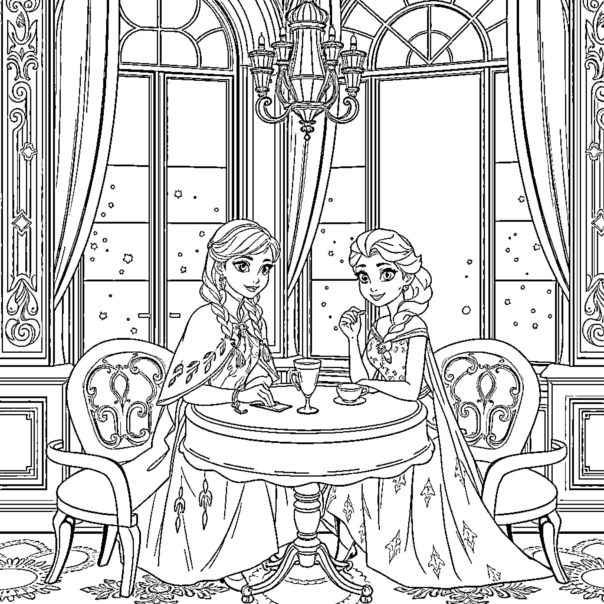 Ana y Elsa enjoying tea time in a grand palace Coloring Page (free black-and-white line drawing printable PDF for all, from beginners to advanced learners, including children, teens, adults, and seniors)