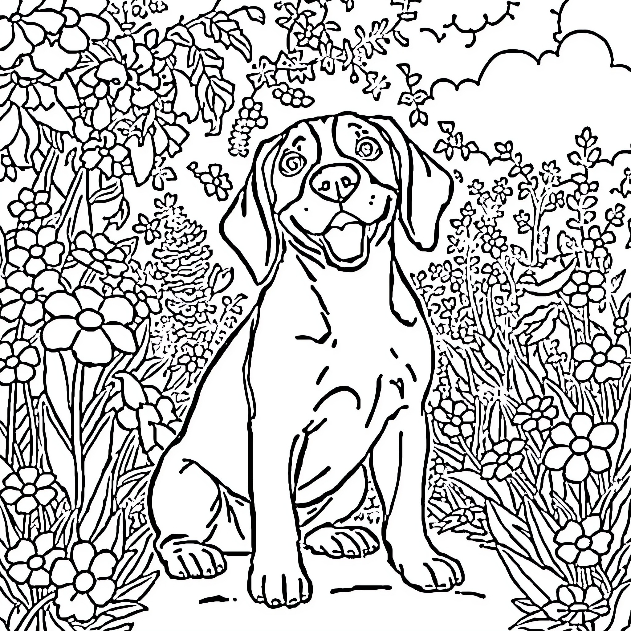 Beagle sitting in a floral garden Coloring Page (free black-and-white line drawing printable PDF for all, from beginners to advanced learners, including children, teens, adults, and seniors)