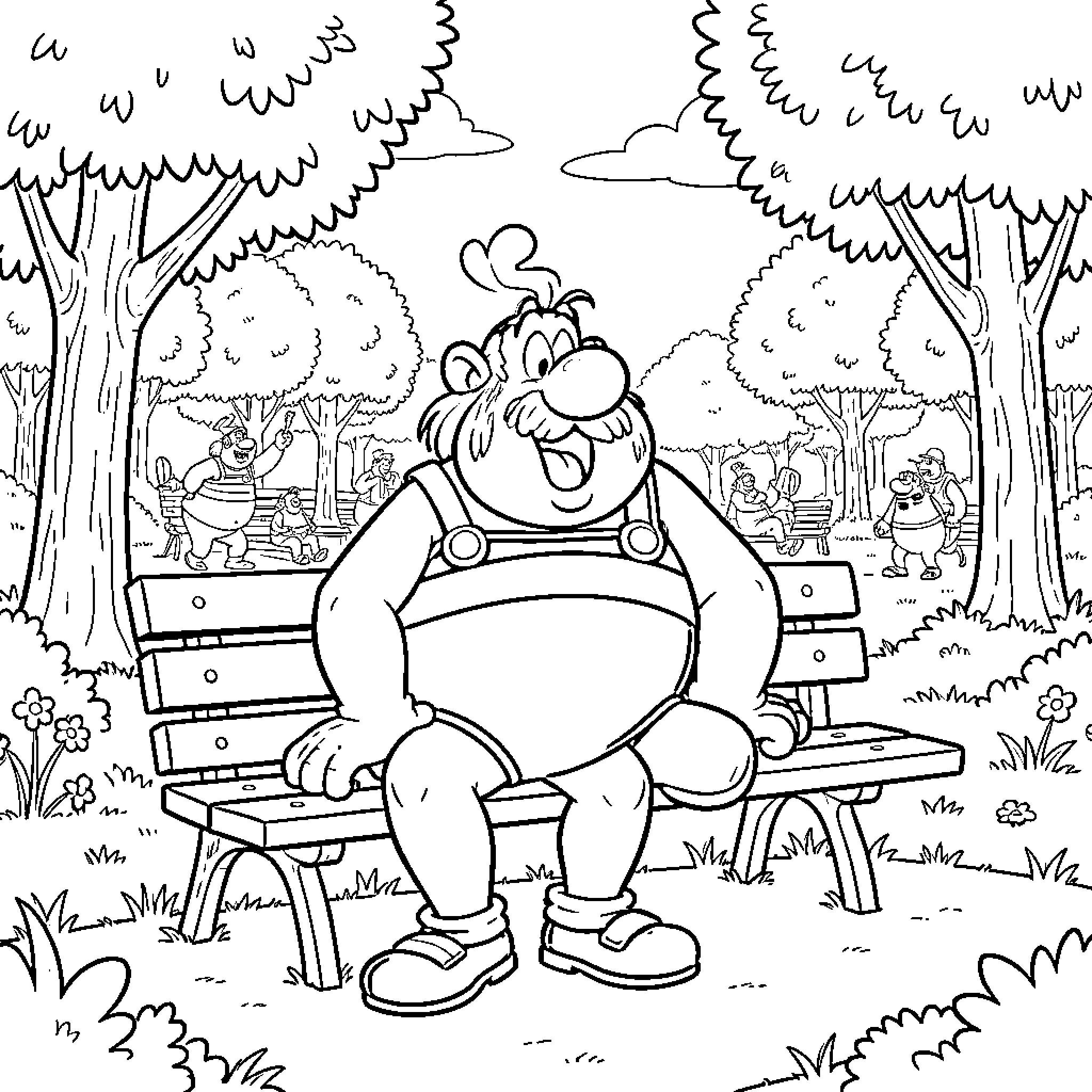 Obelix sitting happily on a park bench Coloring Page (free black-and-white line drawing printable PDF for all, from beginners to advanced learners, including children, teens, adults, and seniors)