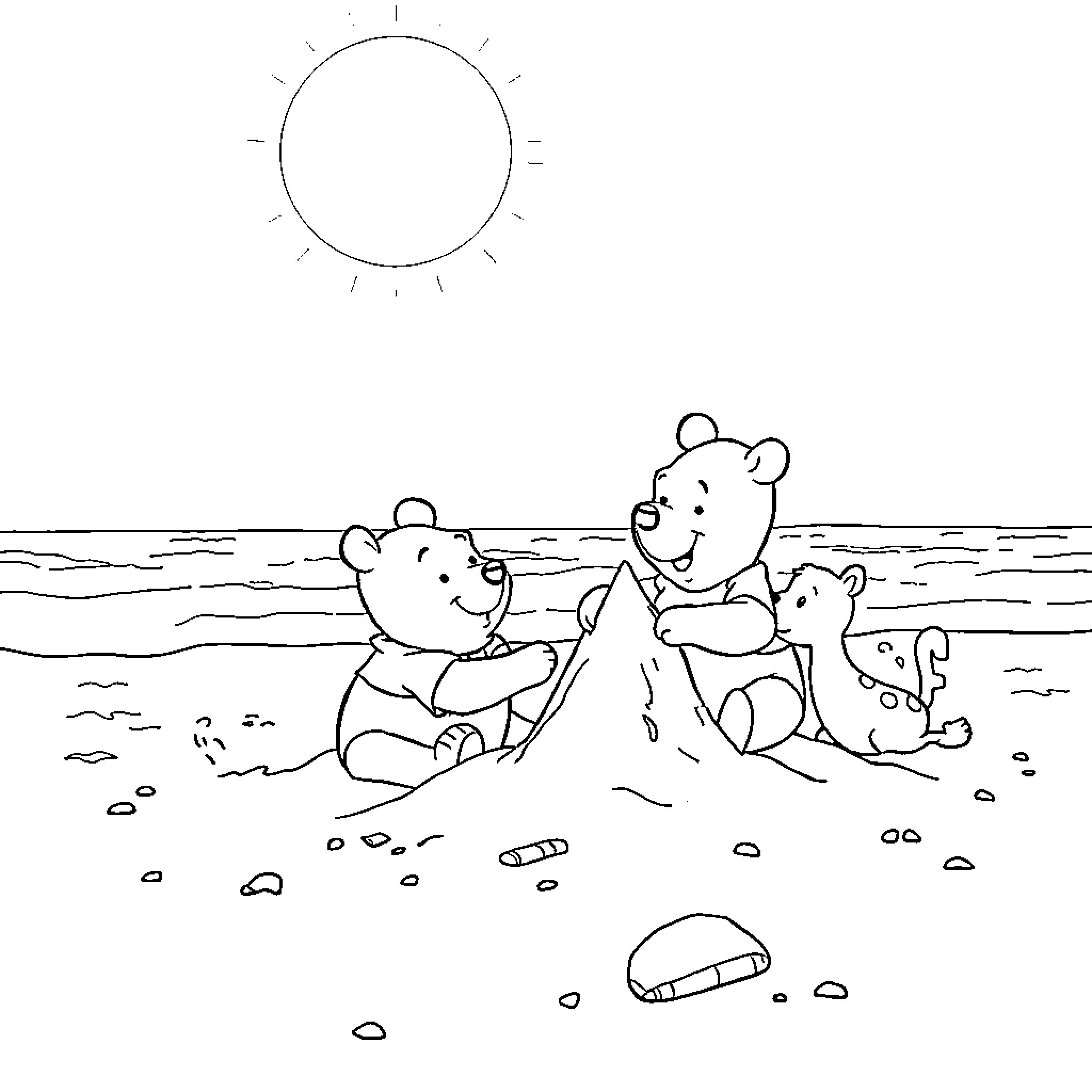 Winnie The Pooh and friends playing on the beach Coloring Page (free black-and-white line drawing printable PDF for all, from beginners to advanced learners, including children, teens, adults, and seniors)