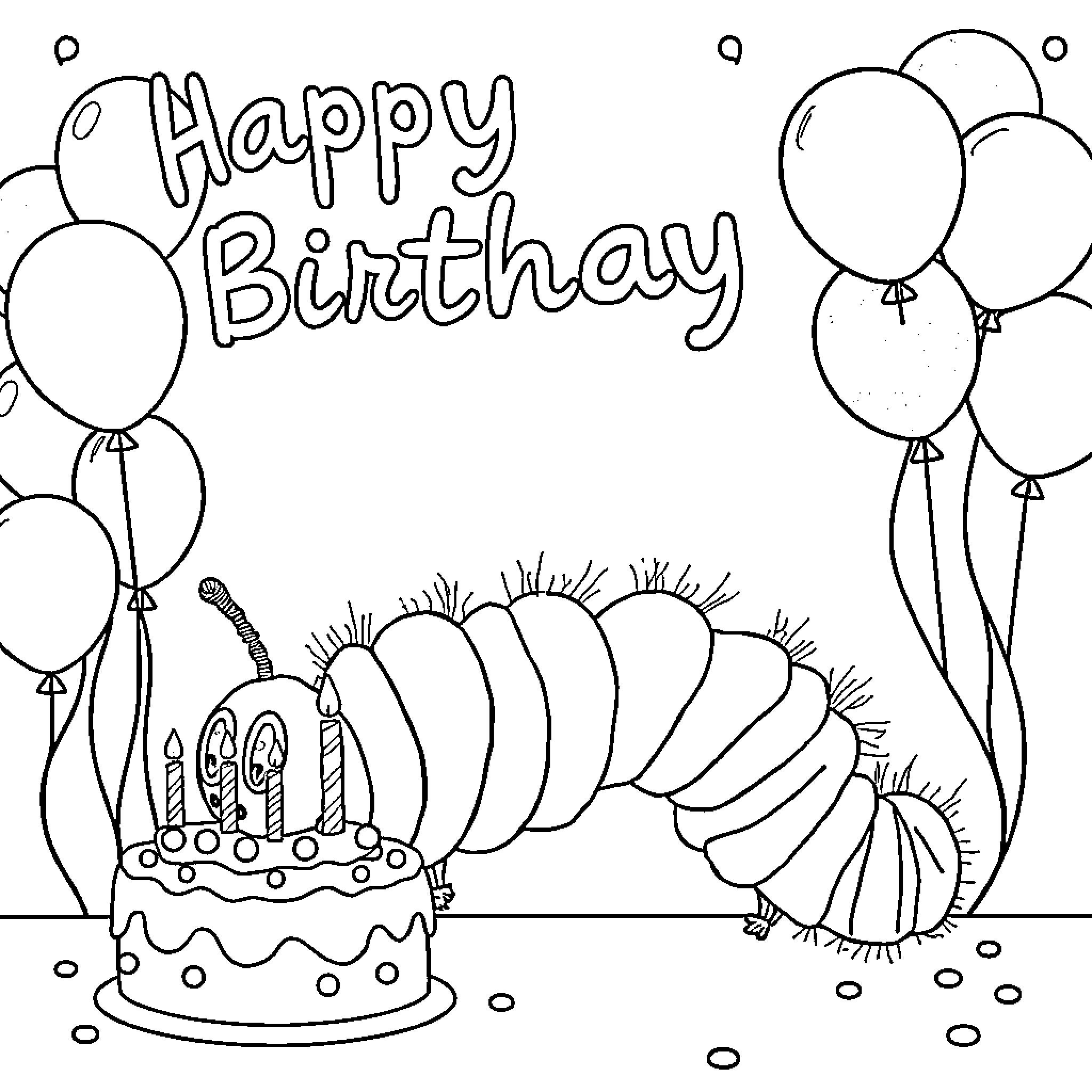Caterpillar celebrating happy birthday with cake and balloons Coloring Page (free black-and-white line drawing printable PDF for all, from beginners to advanced learners, including children, teens, adults, and seniors)