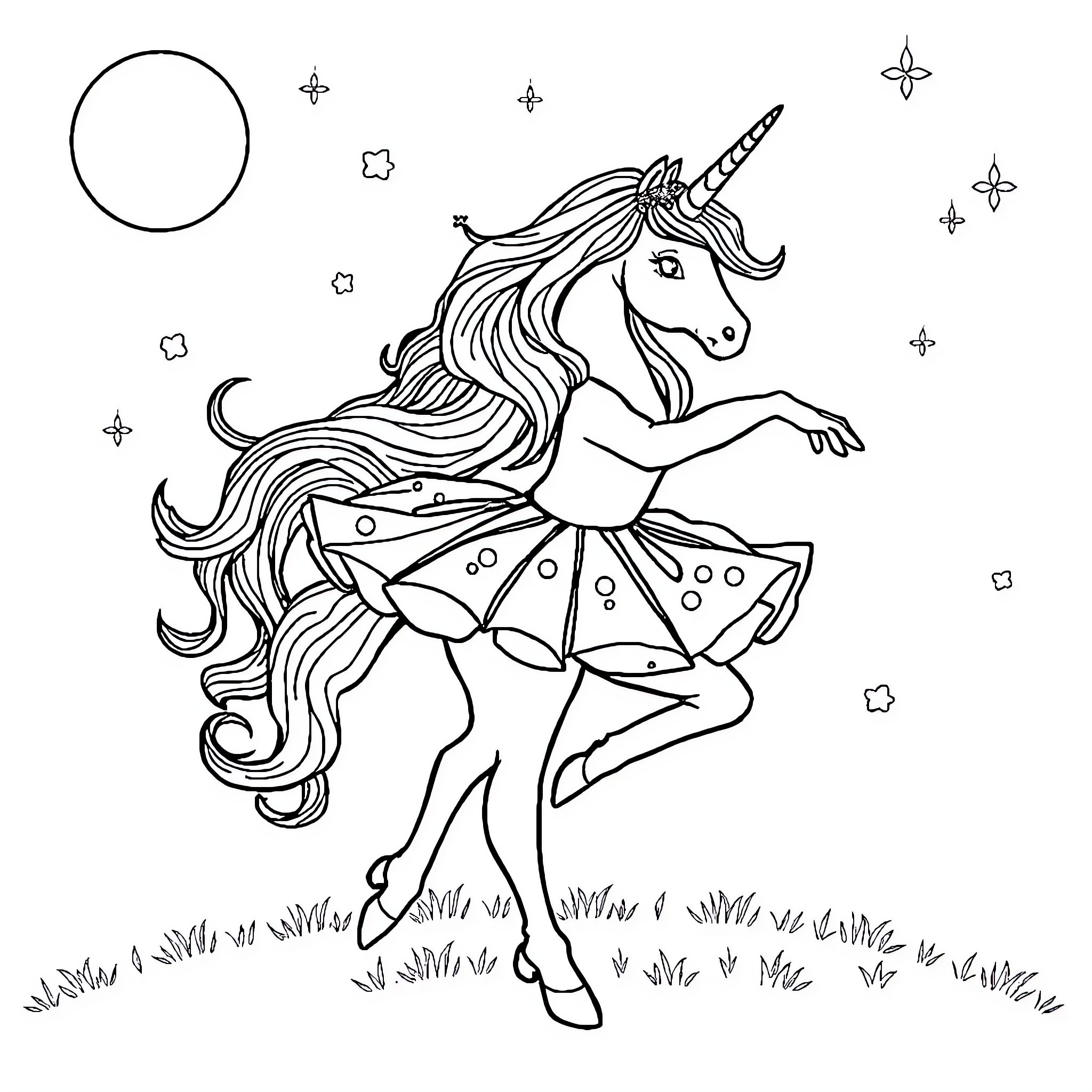 Unicorn prancing through a magical field Coloring Page (free black-and-white line drawing printable PDF for all, from beginners to advanced learners, including children, teens, adults, and seniors)