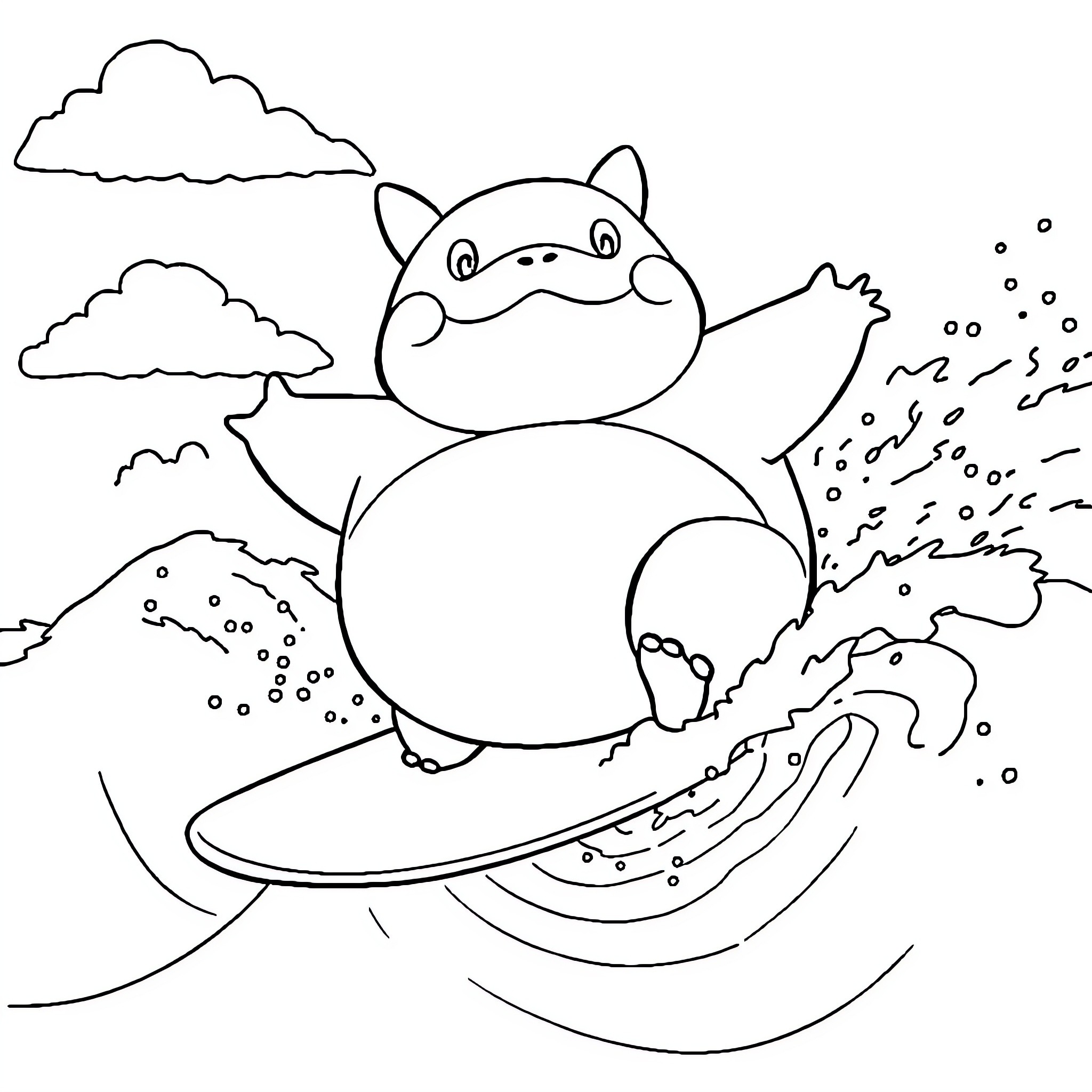 Snorlax relaxing in a rainy day Coloring Page (free black-and-white line drawing printable PDF for all, from beginners to advanced learners, including children, teens, adults, and seniors)