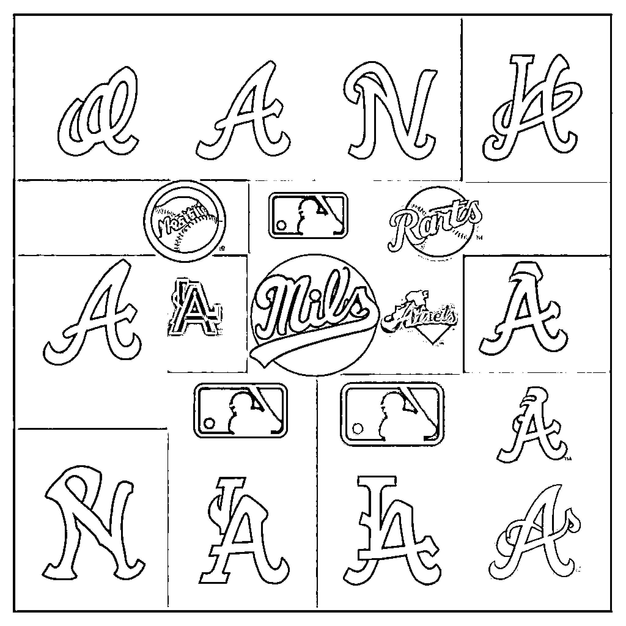 MLB Logo Collection of Various Stylized Lettering Coloring Page (free black-and-white line drawing printable PDF for all, from beginners to advanced learners, including children, teens, adults, and seniors)