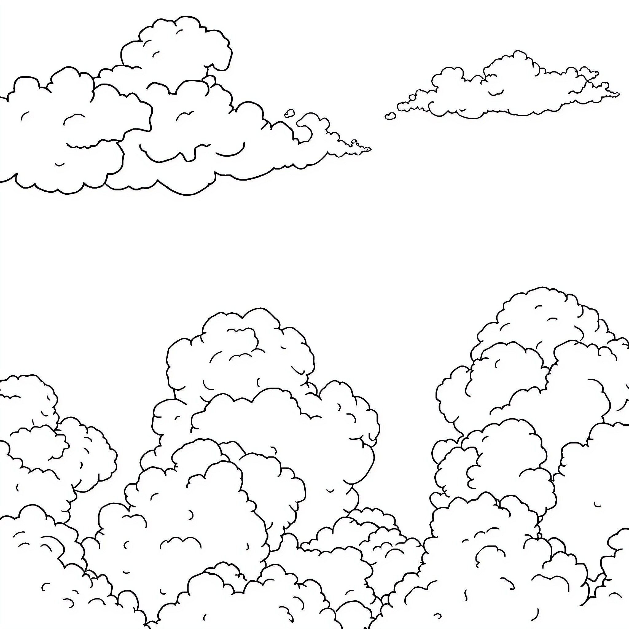 Sky filled with whimsical cloud formations Coloring Page (free black-and-white line drawing printable PDF for all, from beginners to advanced learners, including children, teens, adults, and seniors)