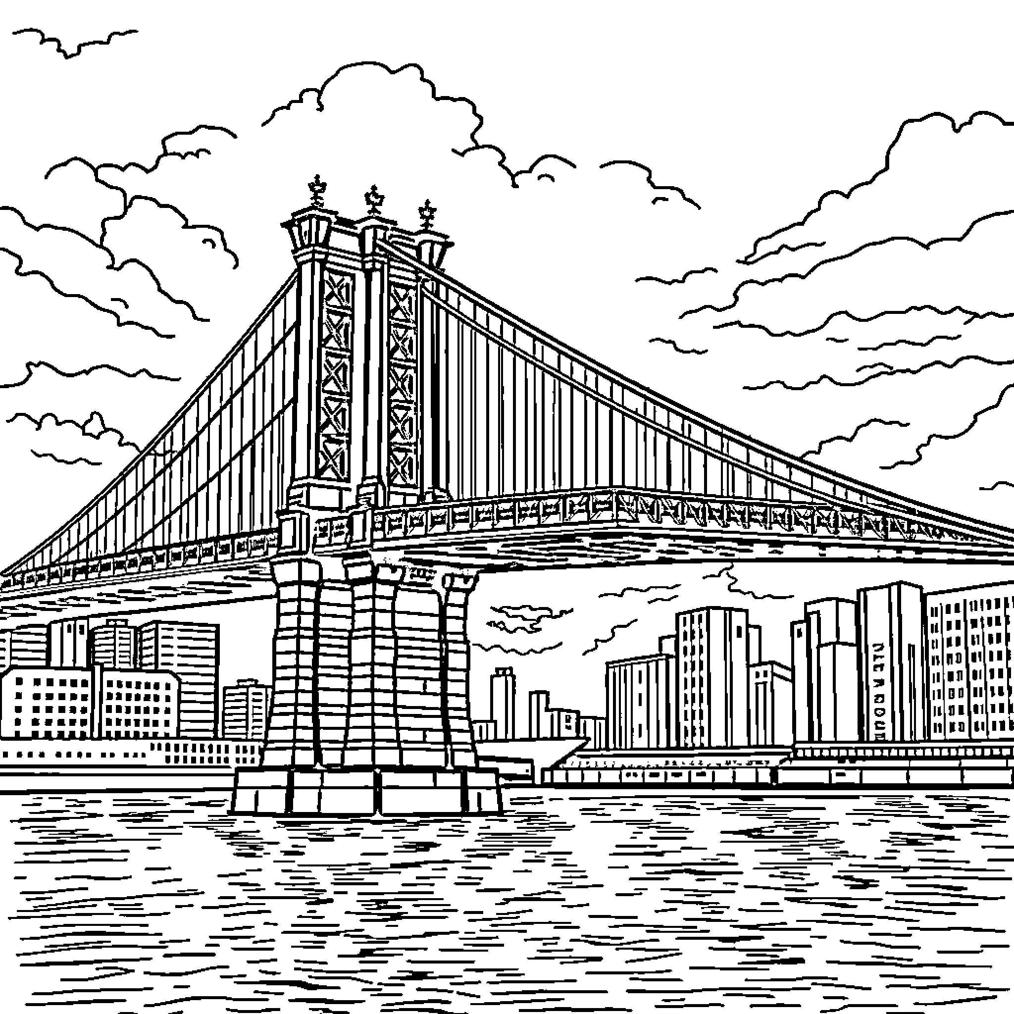 Brooklyn Bridge spanning the cityscape Coloring Page (free black-and-white line drawing printable PDF for all, from beginners to advanced learners, including children, teens, adults, and seniors)