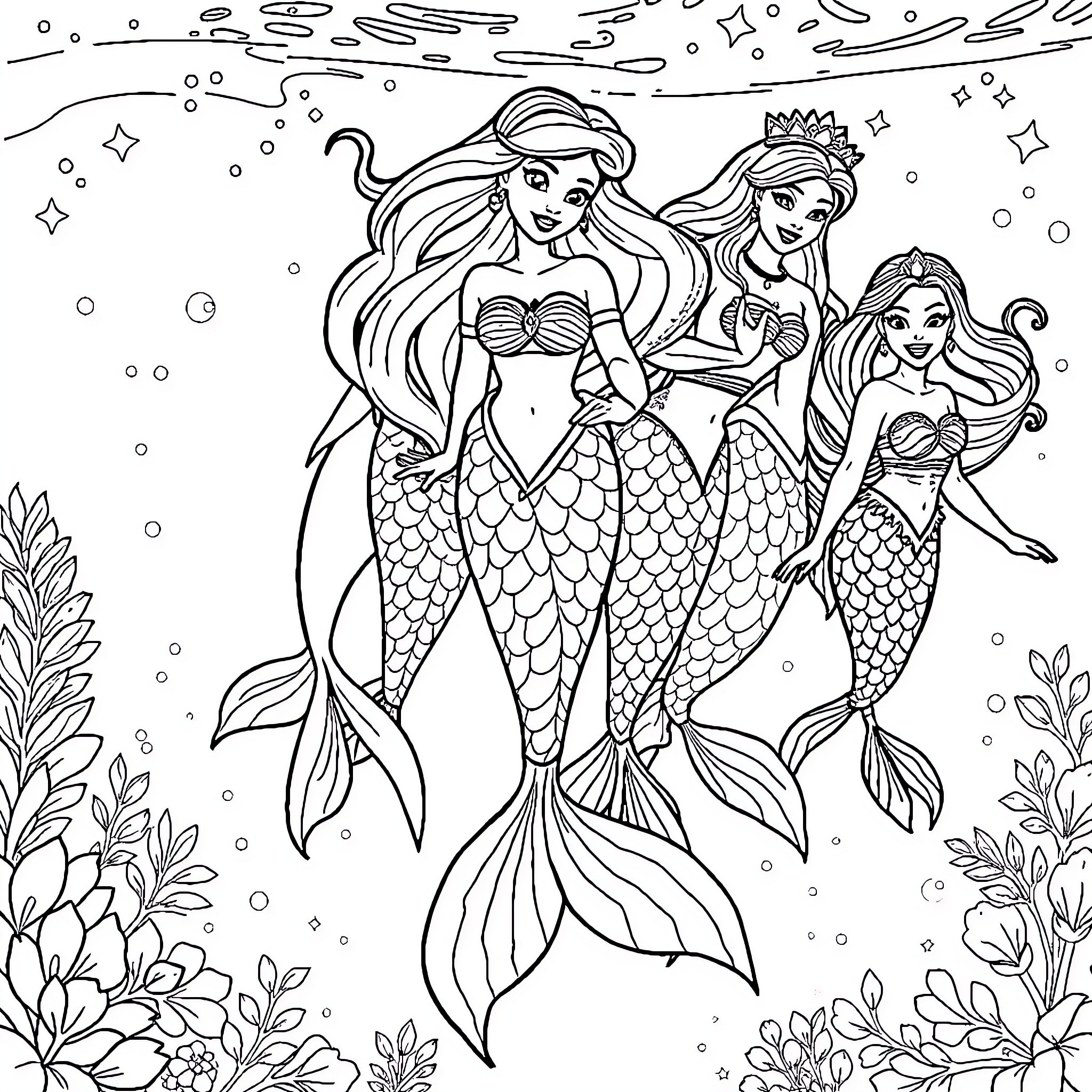 Mermaid Queens in Underwater Wonderland Coloring Page (free black-and-white line drawing printable PDF for all, from beginners to advanced learners, including children, teens, adults, and seniors)
