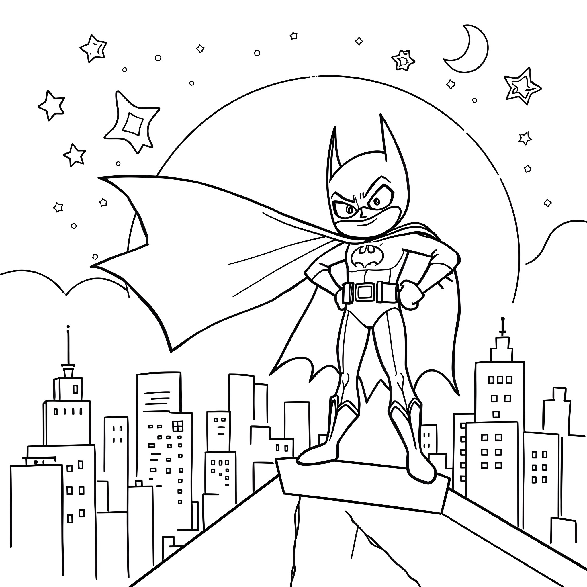 Batman patrolling the city at night Coloring Page (free black-and-white line drawing printable PDF for all, from beginners to advanced learners, including children, teens, adults, and seniors)