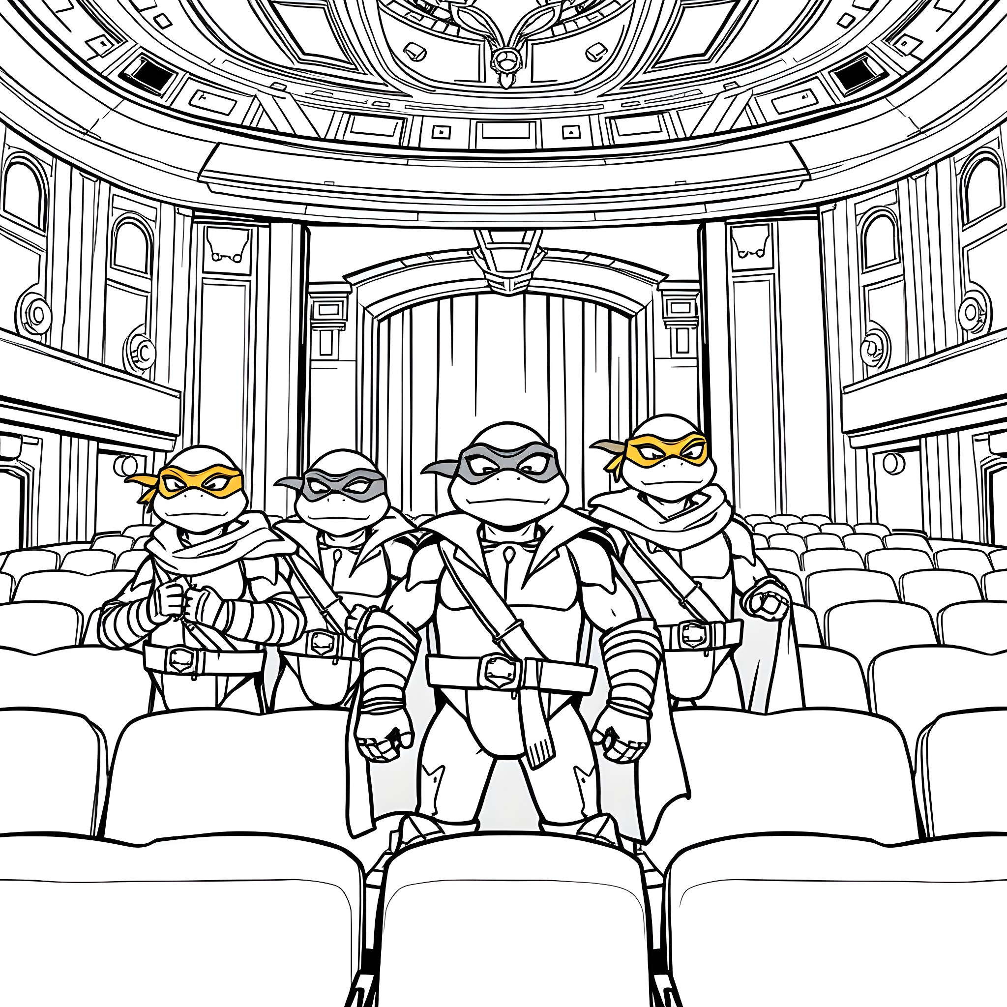 Ninja Turtles in Formal Attire at the Theater Coloring Page (free black-and-white line drawing printable PDF for all, from beginners to advanced learners, including children, teens, adults, and seniors)