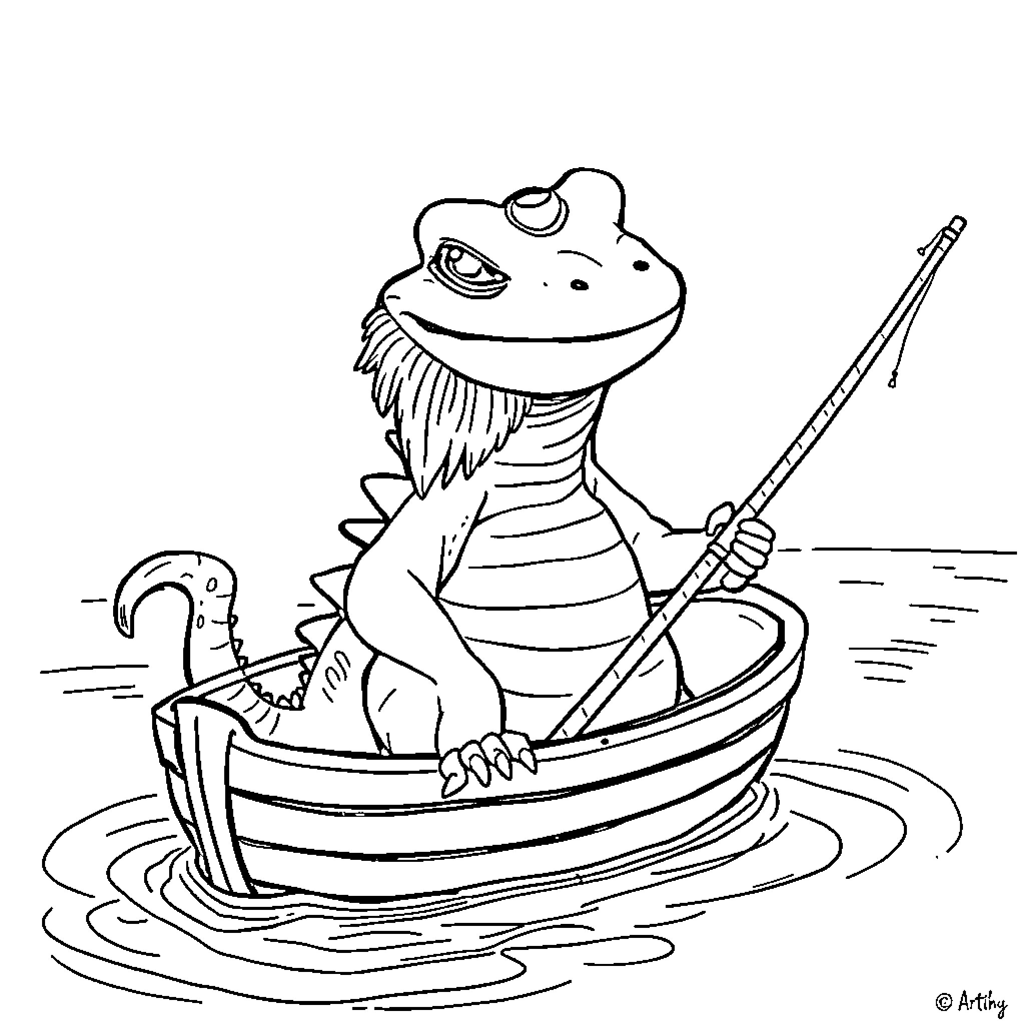 Bearded Dragon Fishing in a Boat Coloring Page (free black-and-white line drawing printable PDF for all, from beginners to advanced learners, including children, teens, adults, and seniors)