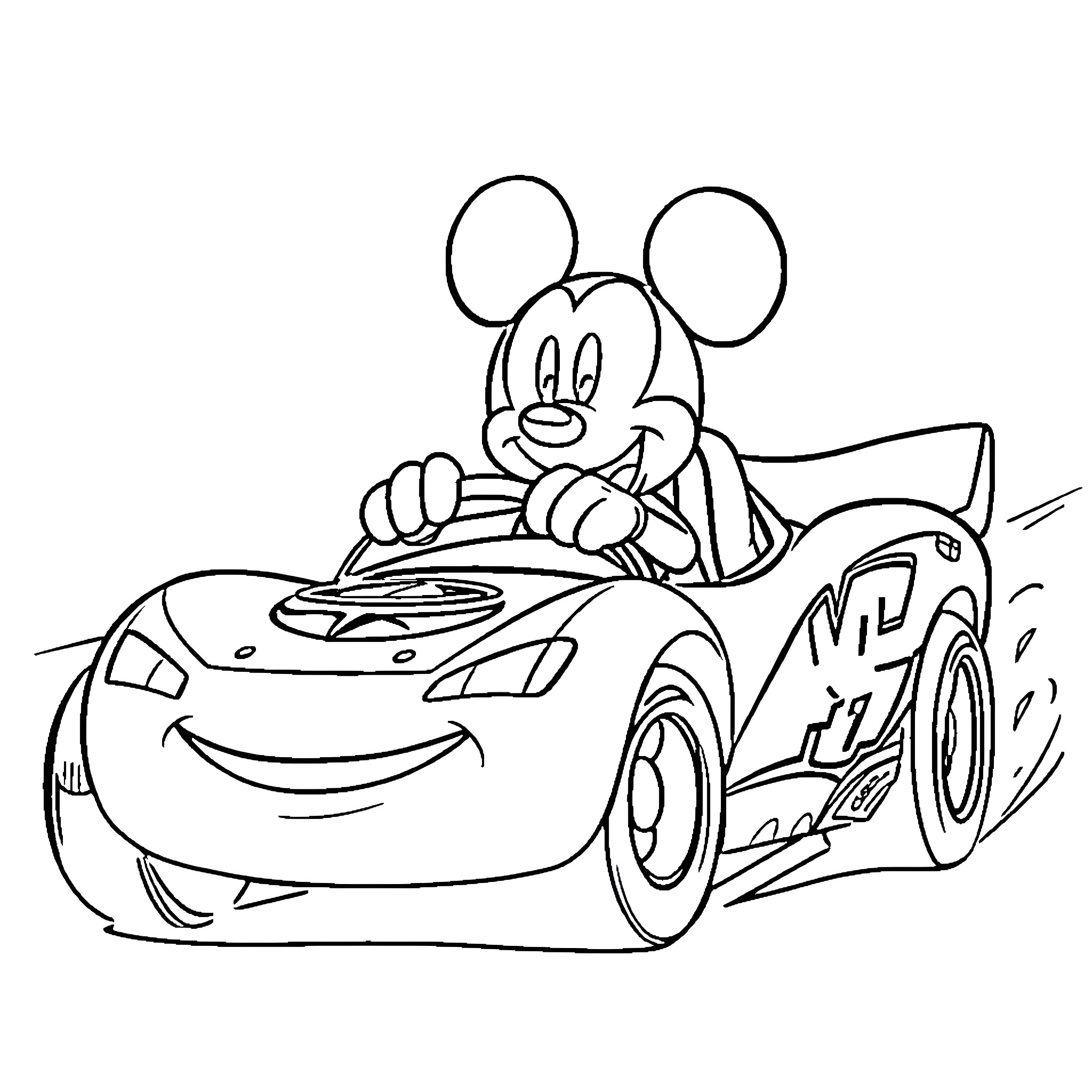 Mickey Mouse driving a race car Coloring Page (free black-and-white line drawing printable PDF for all, from beginners to advanced learners, including children, teens, adults, and seniors)