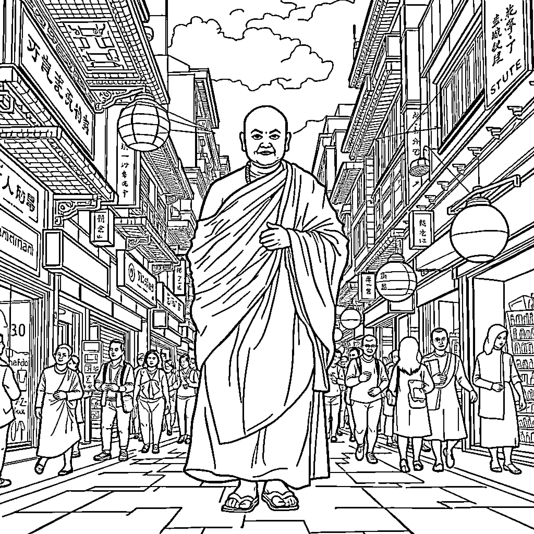 Buddhist Monk standing in a busy city street Coloring Page (free black-and-white line drawing printable PDF for all, from beginners to advanced learners, including children, teens, adults, and seniors)