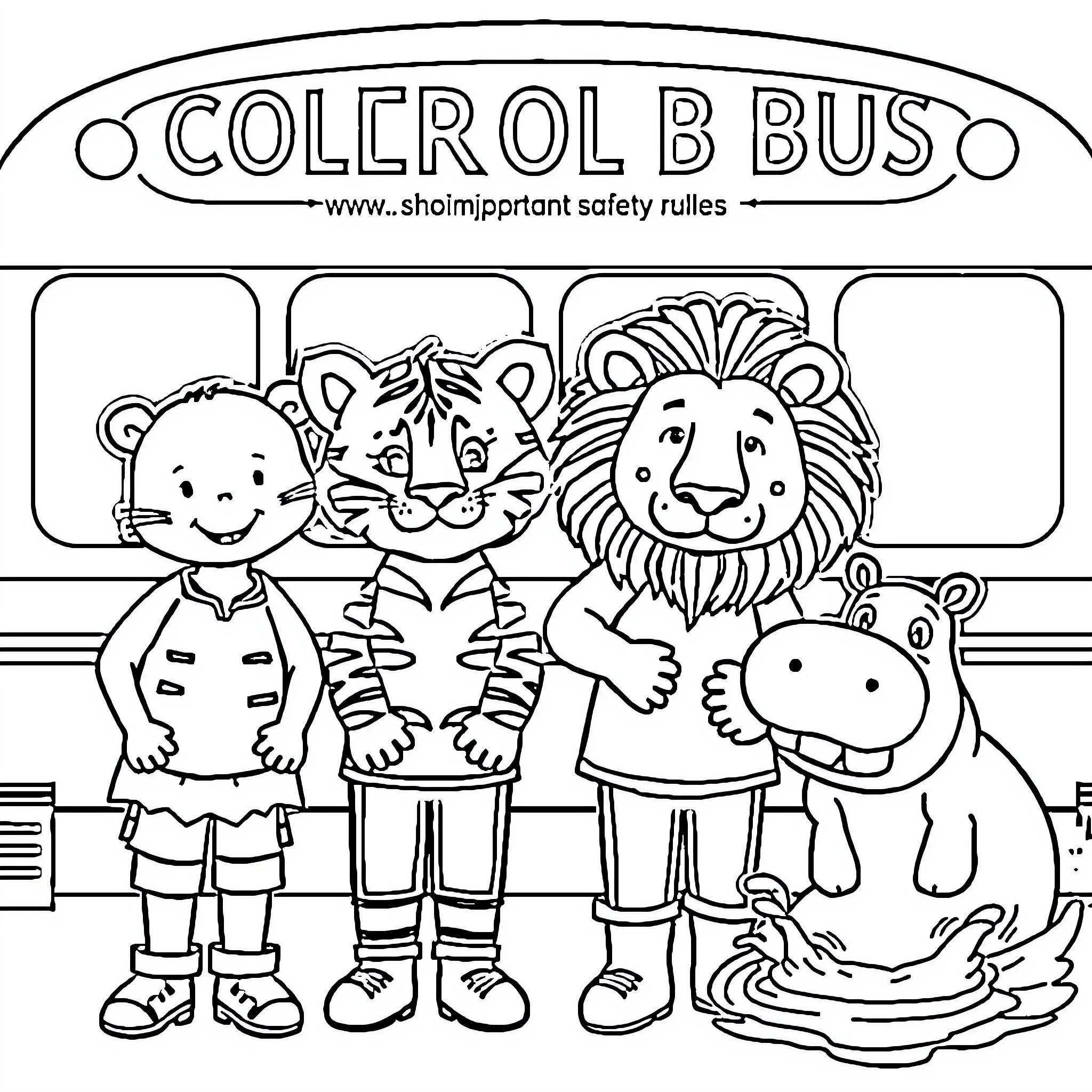 Bearcat friends on the Colerol B bus Coloring Page (free black-and-white line drawing printable PDF for all, from beginners to advanced learners, including children, teens, adults, and seniors)