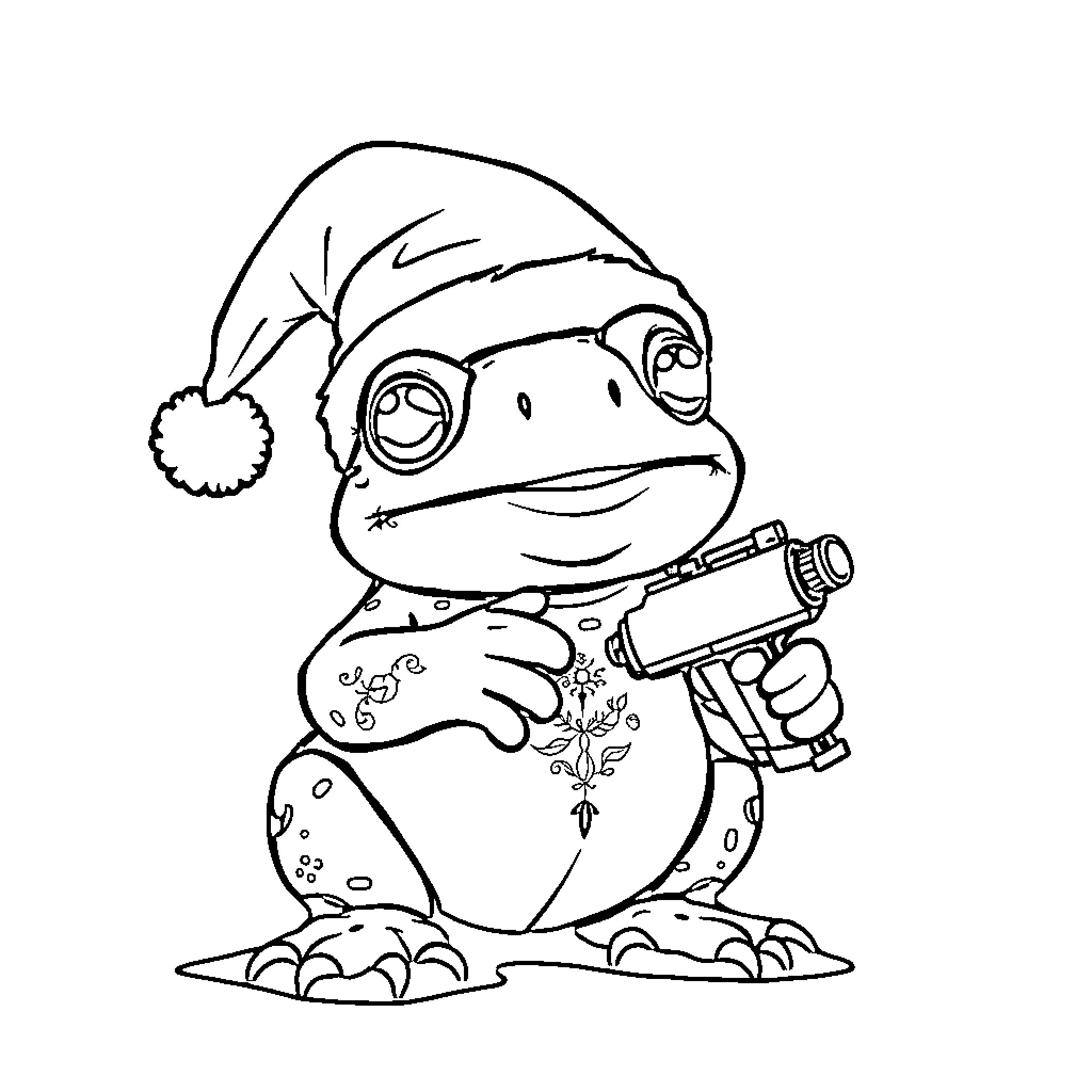 Santa Toad using a leaf blower Coloring Page (free black-and-white line drawing printable PDF for all, from beginners to advanced learners, including children, teens, adults, and seniors)