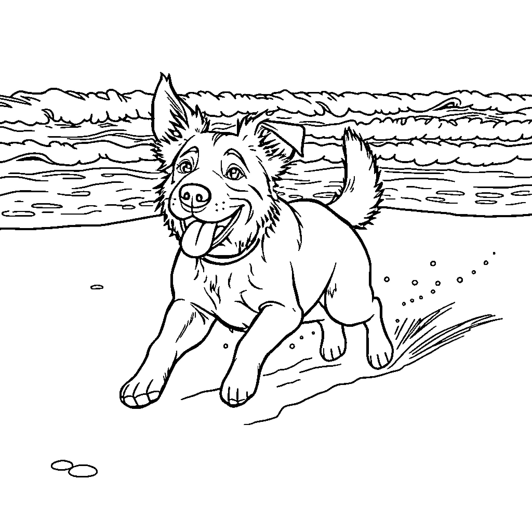 Dog playing joyfully on the beach Coloring Page (free black-and-white line drawing printable PDF for all, from beginners to advanced learners, including children, teens, adults, and seniors)