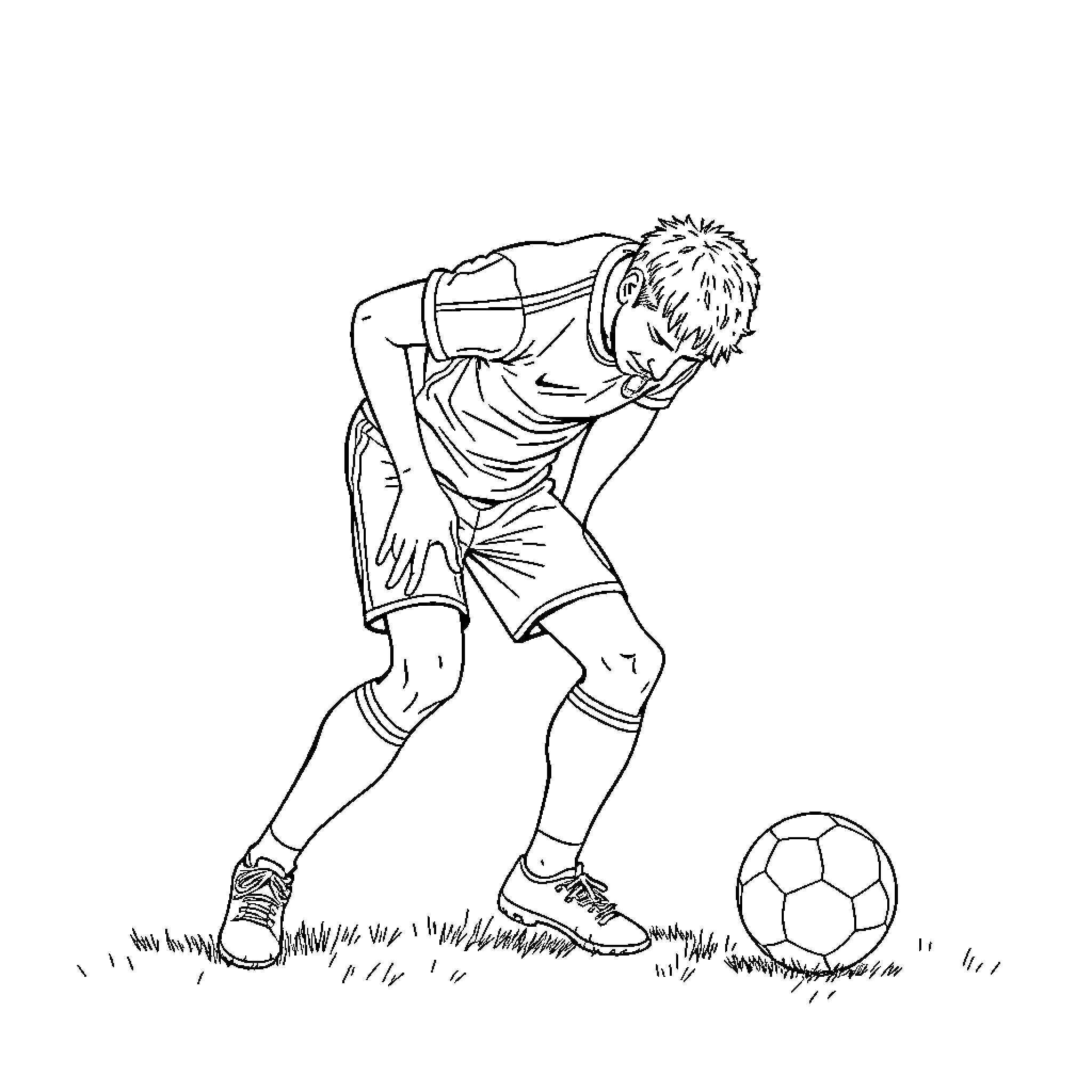 Soccer Player Preparing to Kick the Ball Coloring Page (free black-and-white line drawing printable PDF for all, from beginners to advanced learners, including children, teens, adults, and seniors)