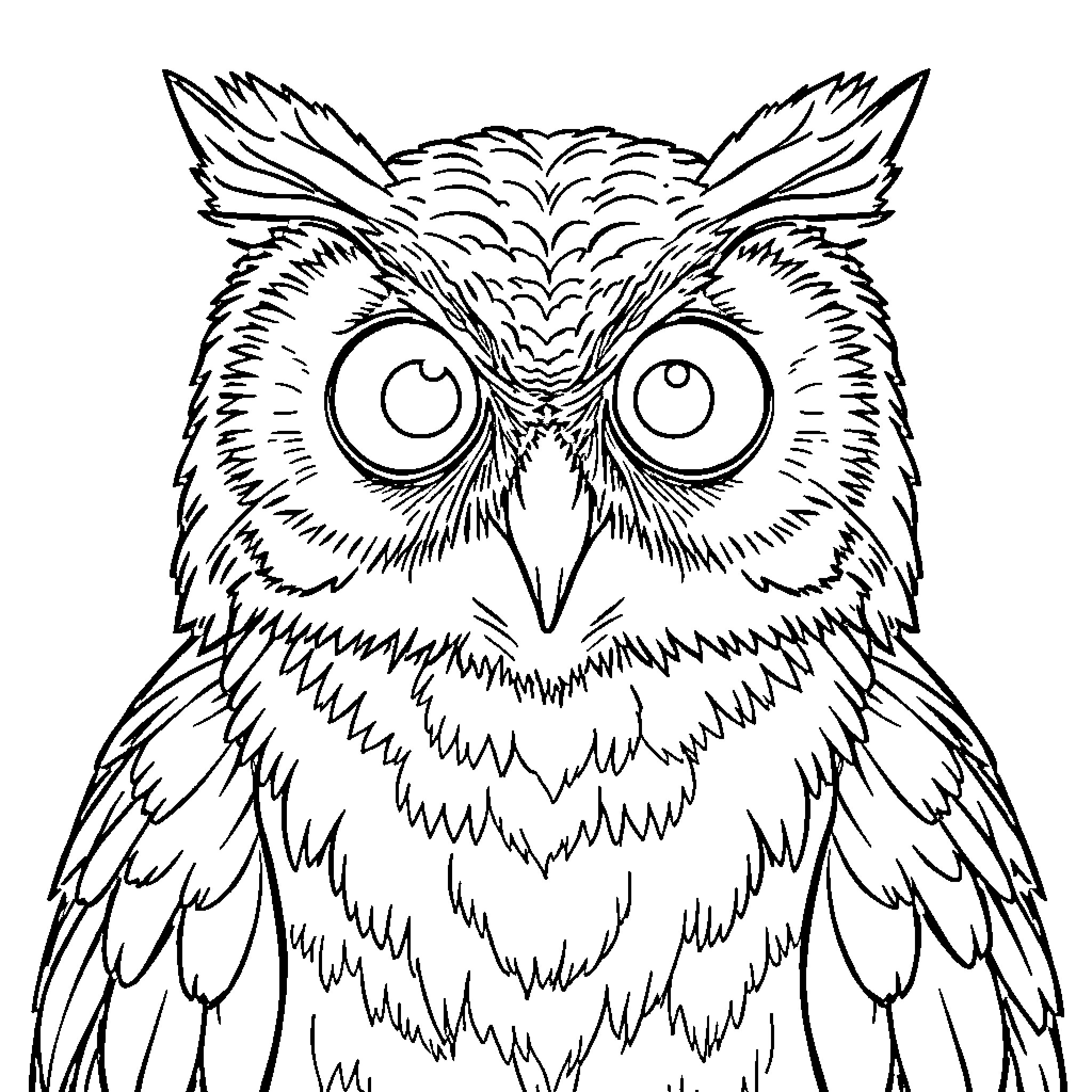 Owl with Expressive Eyes and Detailed Feathers Coloring Page (free black-and-white line drawing printable PDF for all, from beginners to advanced learners, including children, teens, adults, and seniors)