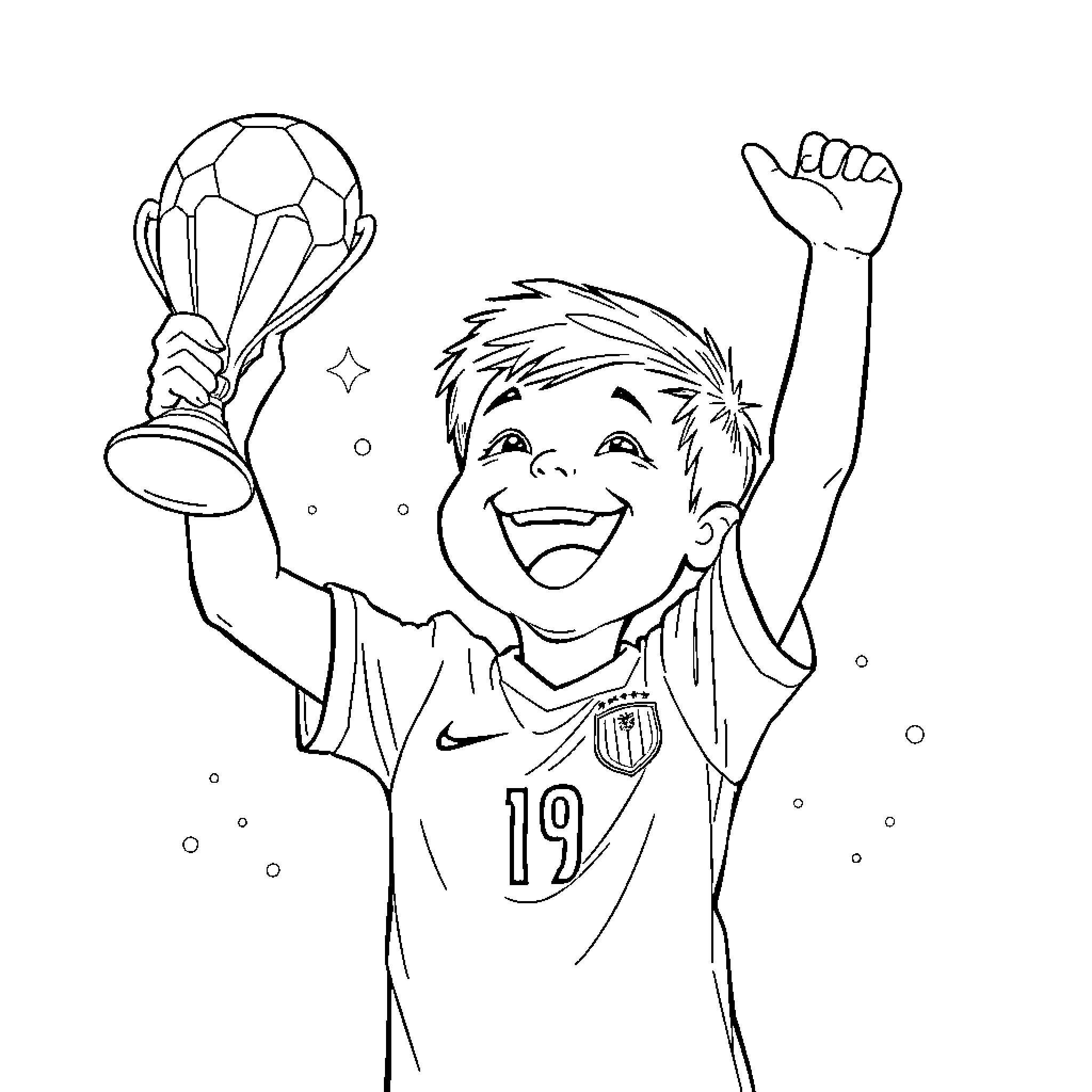 Kid Celebrating Soccer Victory with Trophy Coloring Page (free black-and-white line drawing printable PDF for all, from beginners to advanced learners, including children, teens, adults, and seniors)