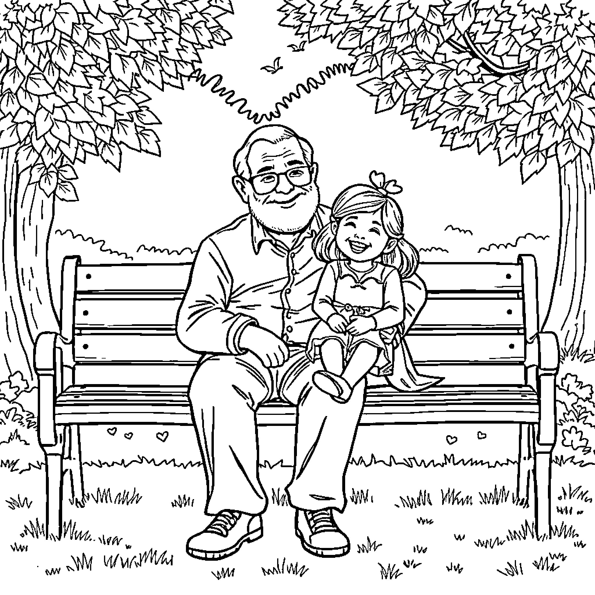 Grandfather and granddaughter sharing a happy moment on park bench Coloring Page (free black-and-white line drawing printable PDF for all, from beginners to advanced learners, including children, teens, adults, and seniors)